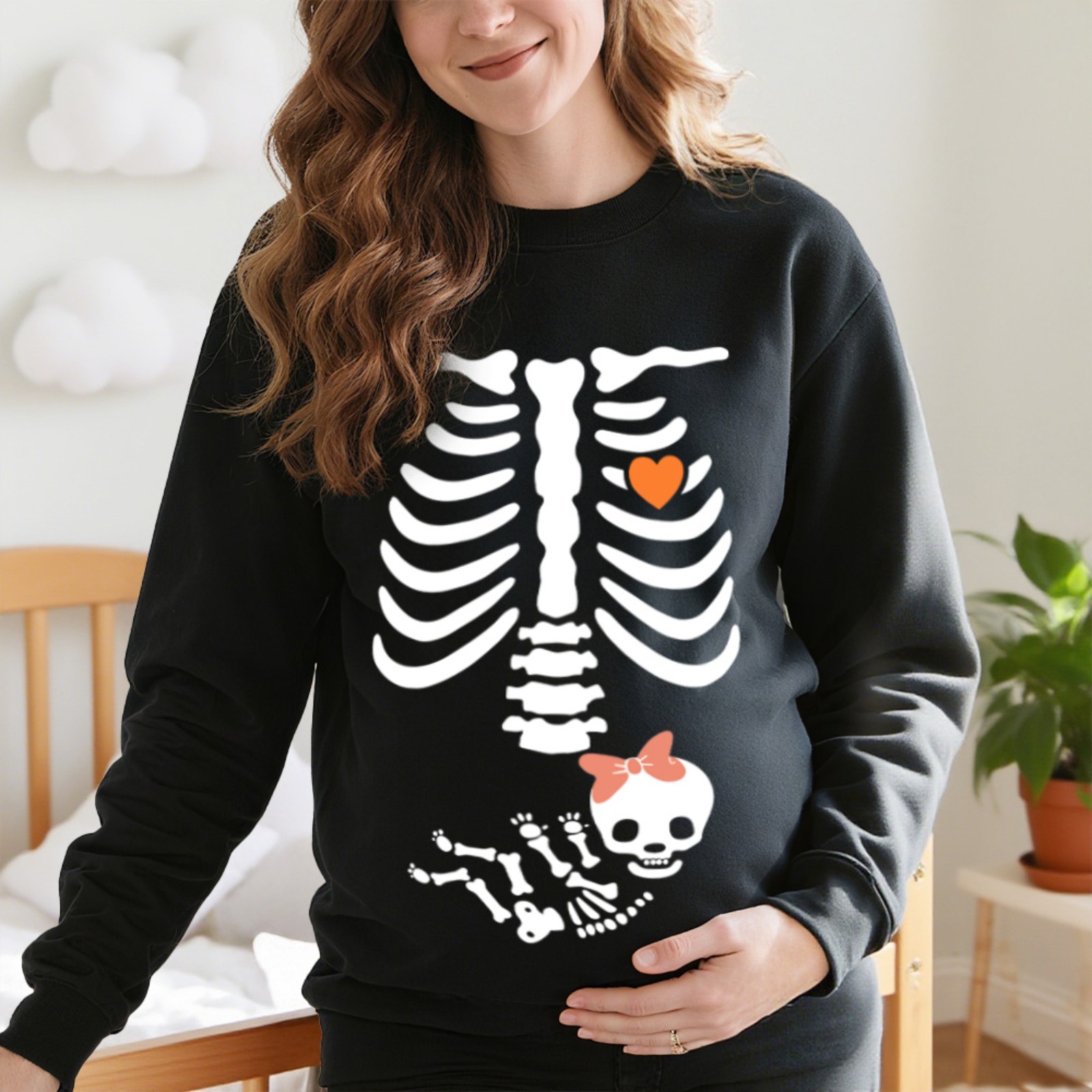 Halloween Skeleton Maternity Sweatshirt, Funny Skeleton Baby Pregnancy Announcement Shirt, Halloween Accessory, Halloween Gift for New Mom/Dad/Couple