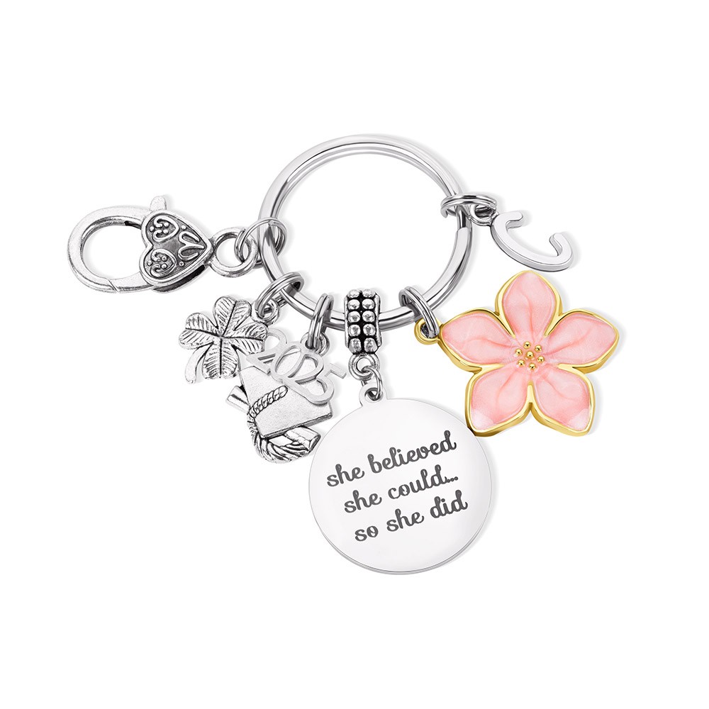 Personalized Pink Flower Four Leaf Clover Graduation Keychain, Custom Initial Keychain with Card, Graduation Gift for Daughter/Sister/Graduate