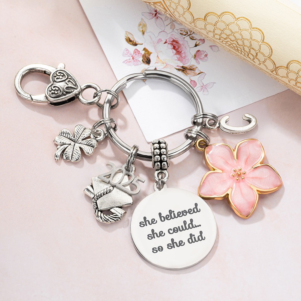 Personalized Pink Flower Four Leaf Clover Graduation Keychain, Custom Initial Keychain with Card, Graduation Gift for Daughter/Sister/Graduate