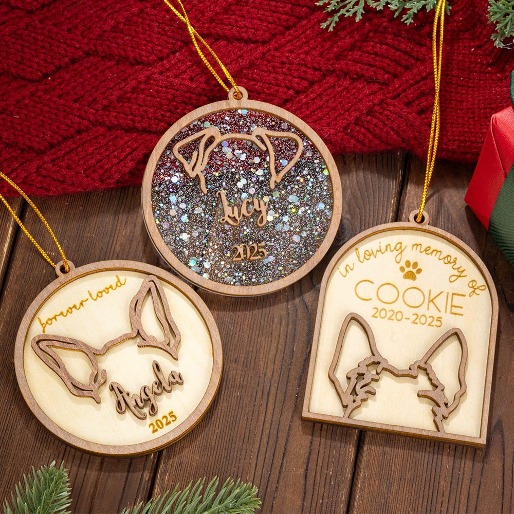 Personalized Dog Ear Memorial Ornament, Custom Wooden Ornament, Christmas Tree Decor, Dog Accessories, Dog Memorial Gift, Gift for Pet Lover/Dog Mom