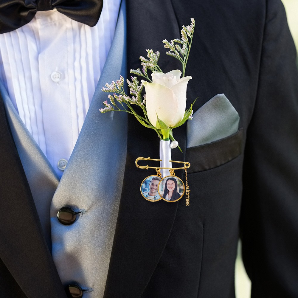 Personalized 1-5 Photos Lapel Brooch Pin with Name, Bridal Bouquet Charm, Memorial Pin, Engagement/Wedding Gift for Parents of the Bride or Groom