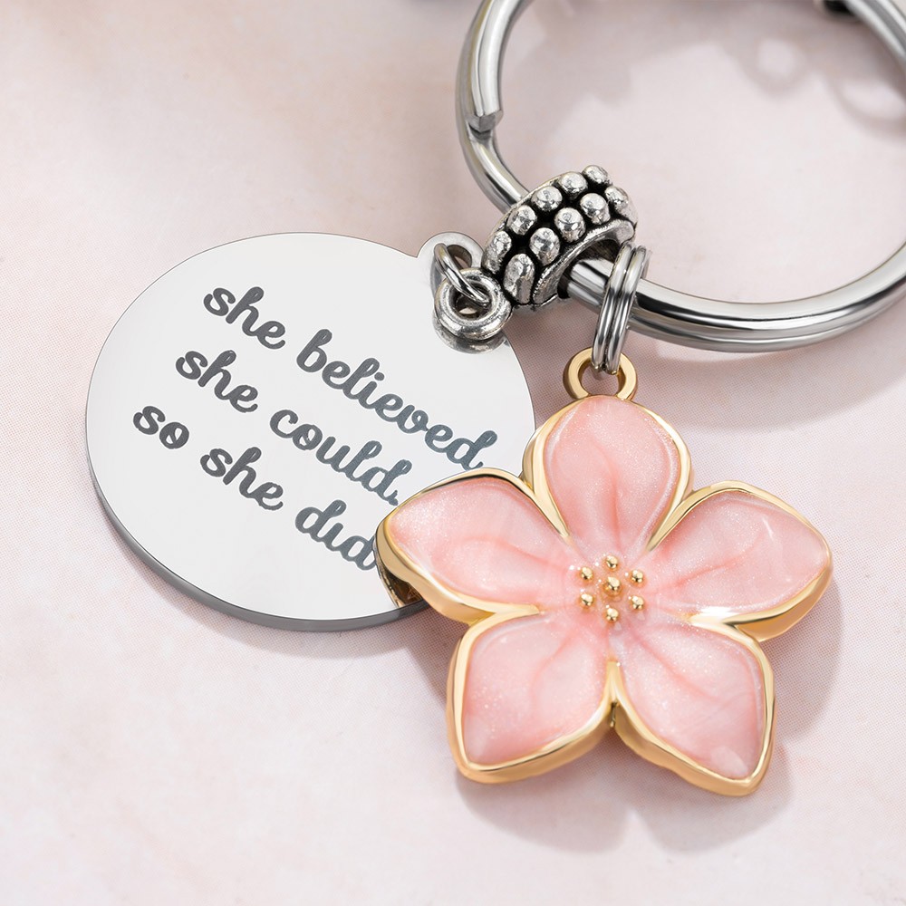 Personalized Pink Flower Four Leaf Clover Graduation Keychain, Custom Initial Keychain with Card, Graduation Gift for Daughter/Sister/Graduate