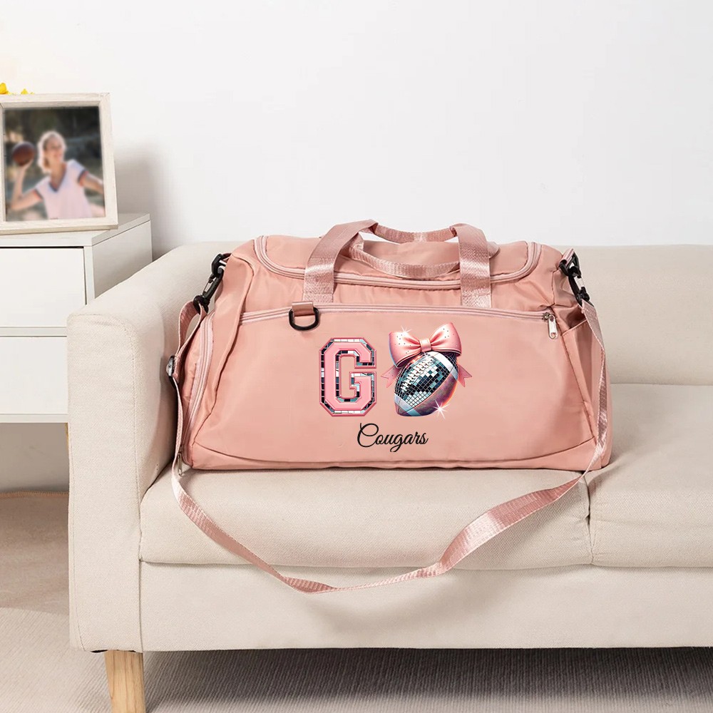 Custom Name Pink Bow Disco Ball Theme Duffle Bag, Waterproof Large Capacity Travel Overnight Bag, Christmas/Birthday Gift for Team/Coach/Sports Lovers
