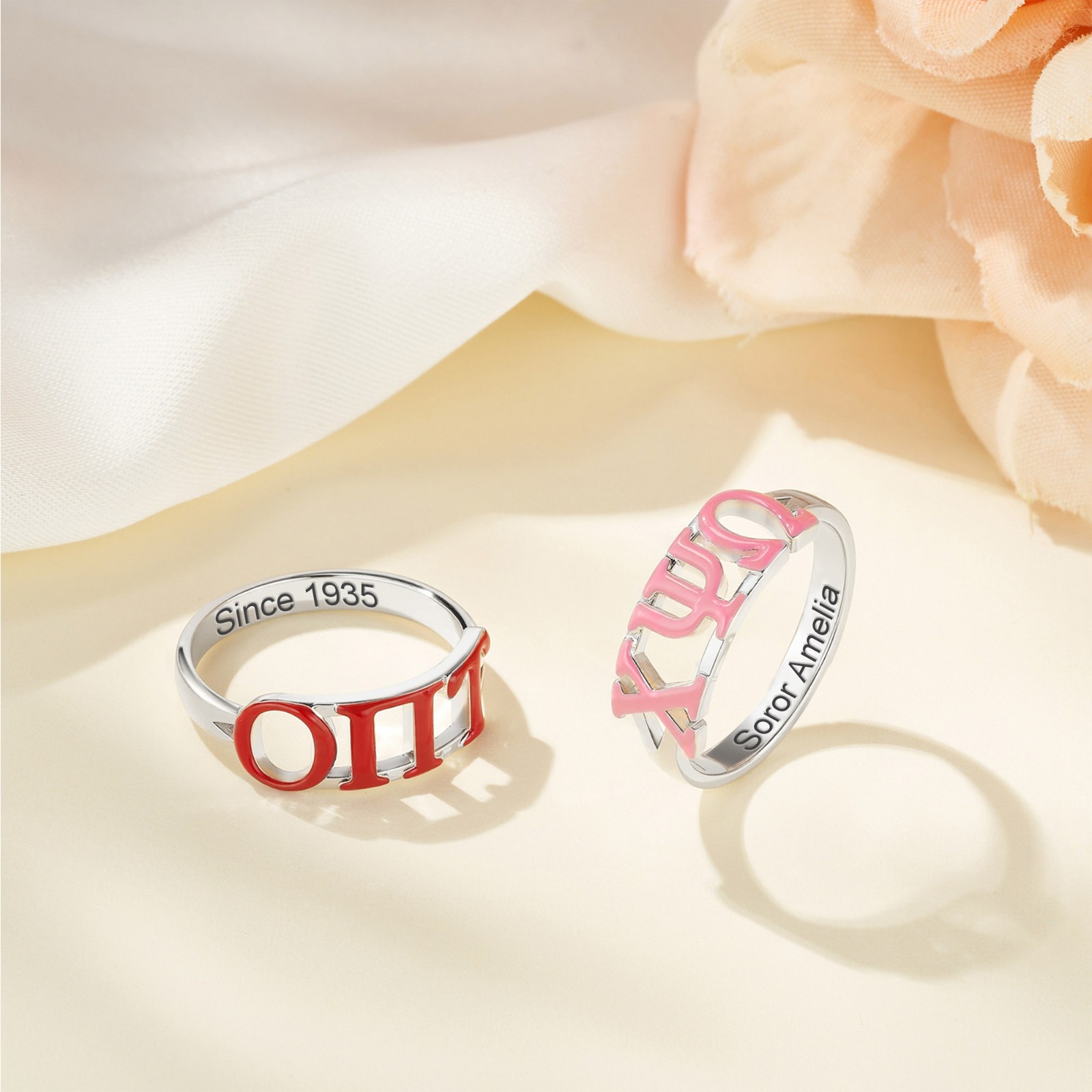 Personalized Engraved Sorority Enamel Greek Letters Ring, Sterling Silver 925 New Sorority Member Ring, Sorority Bid Day Gift for Girls/Friends