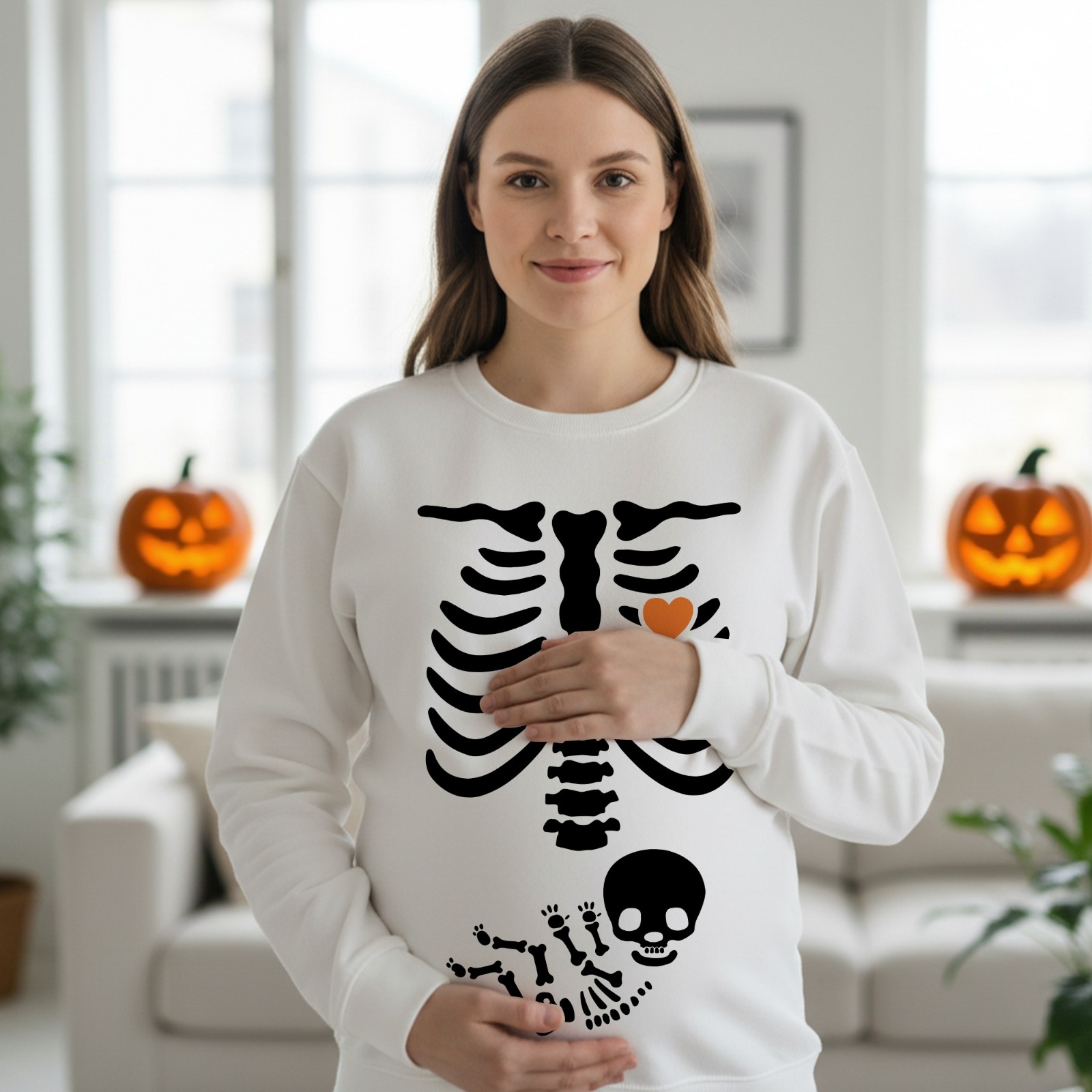 Halloween Skeleton Maternity Sweatshirt, Funny Skeleton Baby Pregnancy Announcement Shirt, Halloween Accessory, Halloween Gift for New Mom/Dad/Couple