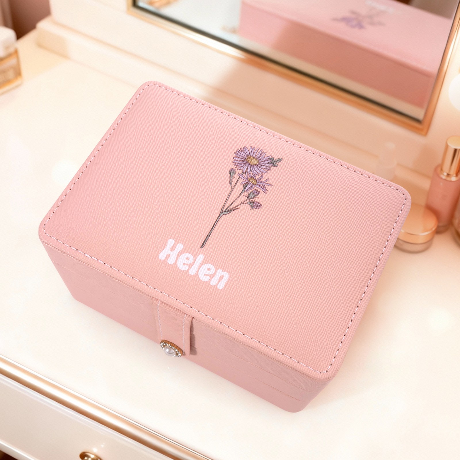 Custom Birth Flower & Name Travel Makeup Box, Multi-functional Makeup Mirror Box with LED Lights, Jewelry/Cosmetics Storage Box, Birthday Gift for Her