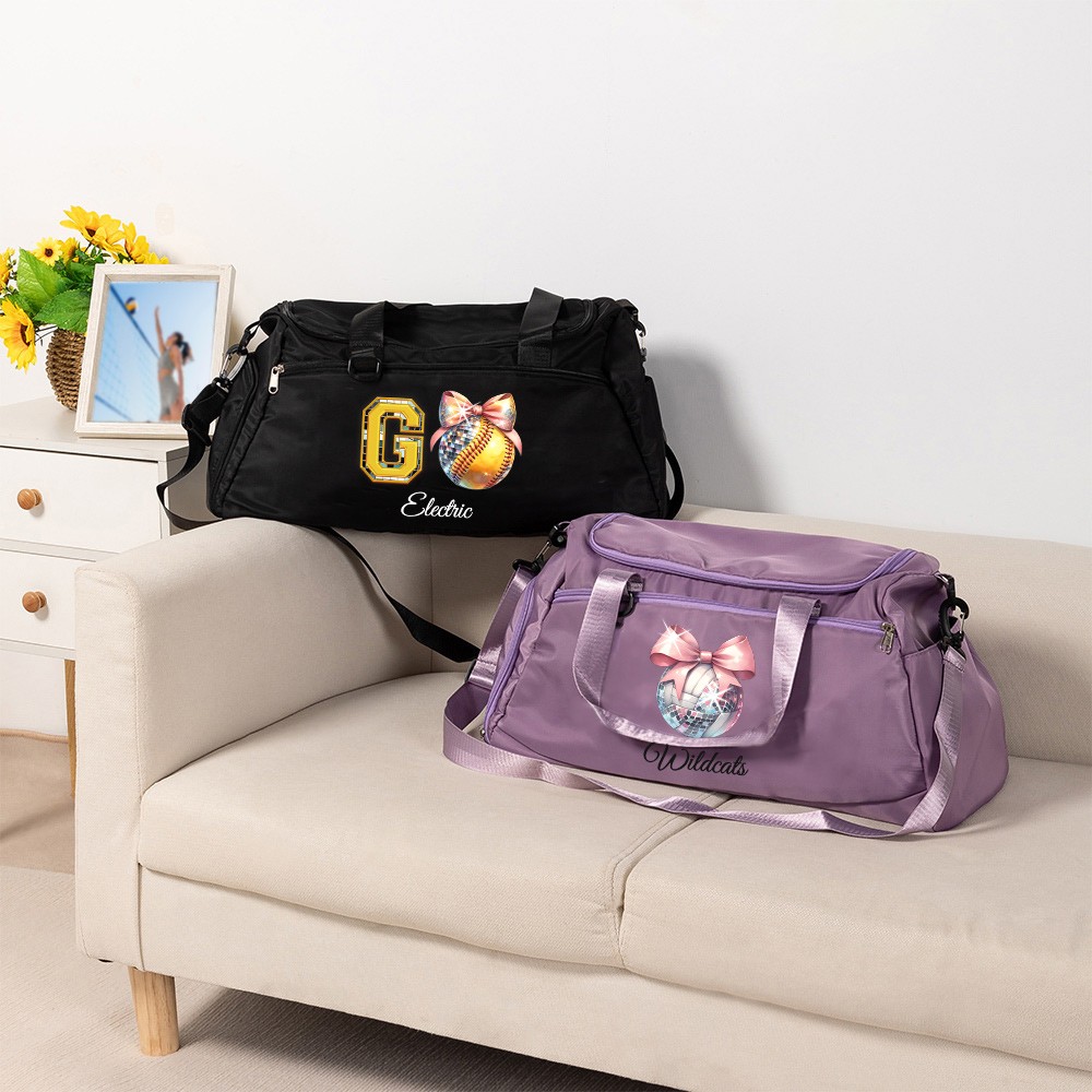 Custom Name Pink Bow Disco Ball Theme Duffle Bag, Waterproof Large Capacity Travel Overnight Bag, Christmas/Birthday Gift for Team/Coach/Sports Lovers