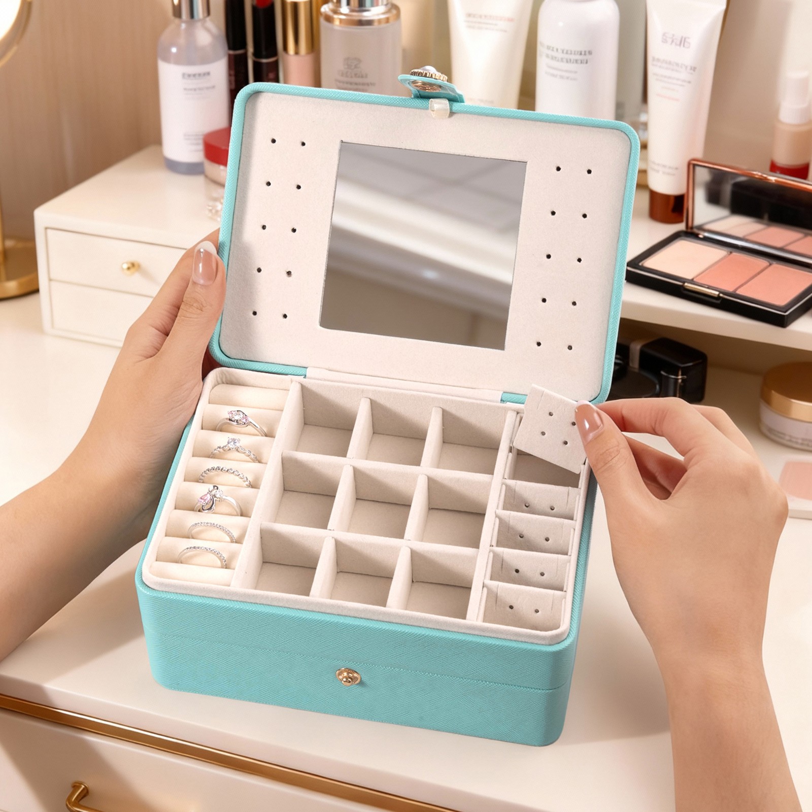 Custom Birth Flower & Name Travel Makeup Box, Multi-functional Makeup Mirror Box with LED Lights, Jewelry/Cosmetics Storage Box, Birthday Gift for Her