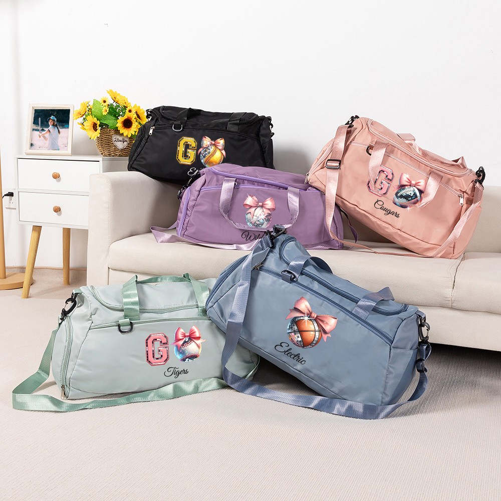 Custom Name Pink Bow Disco Ball Theme Duffle Bag, Waterproof Large Capacity Travel Overnight Bag, Christmas/Birthday Gift for Team/Coach/Sports Lovers