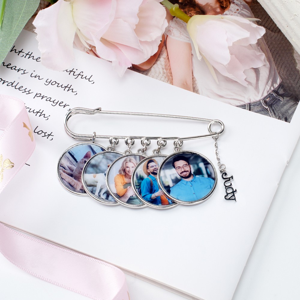 Personalized 1-5 Photos Lapel Brooch Pin with Name, Bridal Bouquet Charm, Memorial Pin, Engagement/Wedding Gift for Parents of the Bride or Groom