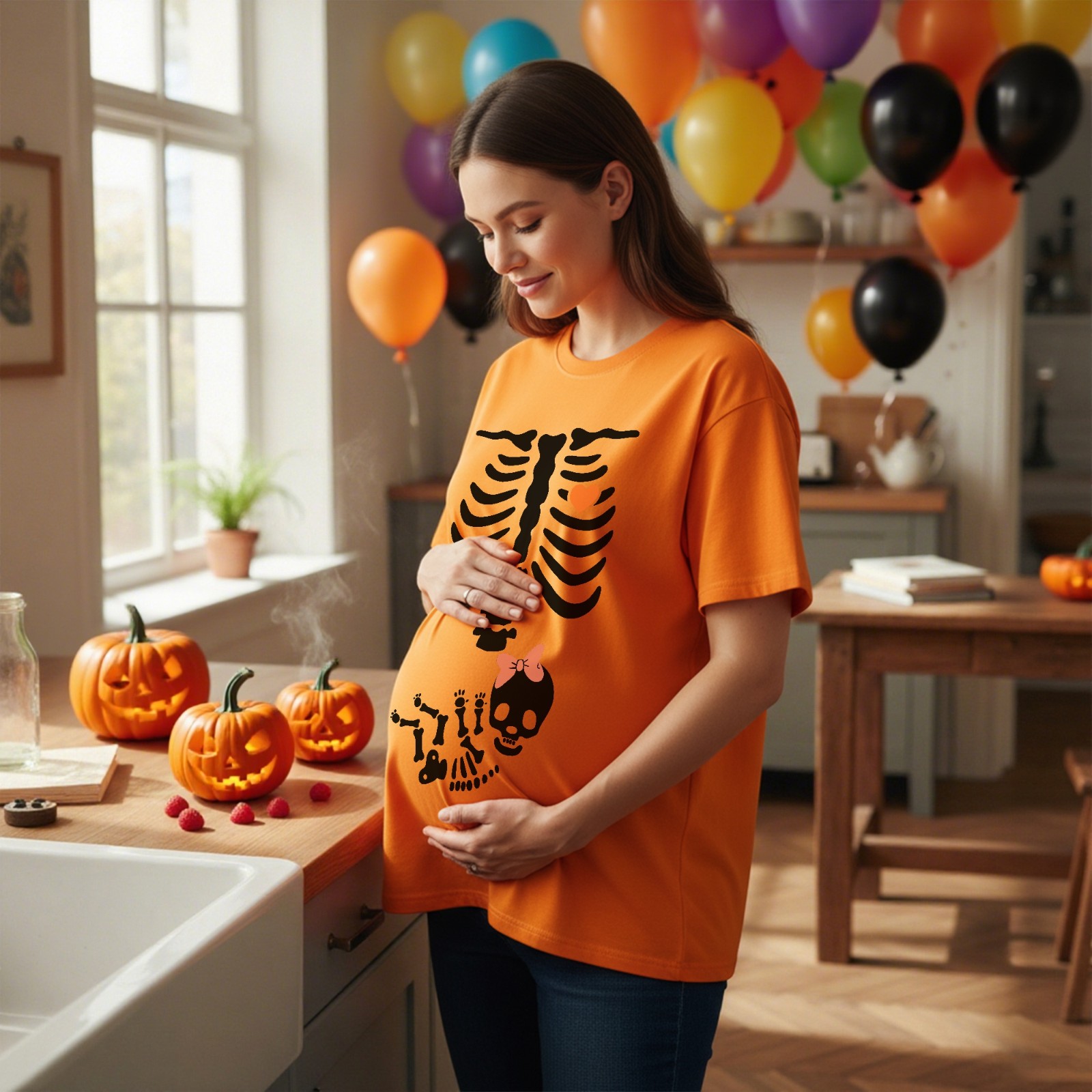 Halloween Skeleton Maternity Sweatshirt, Funny Skeleton Baby Pregnancy Announcement Shirt, Halloween Accessory, Halloween Gift for New Mom/Dad/Couple
