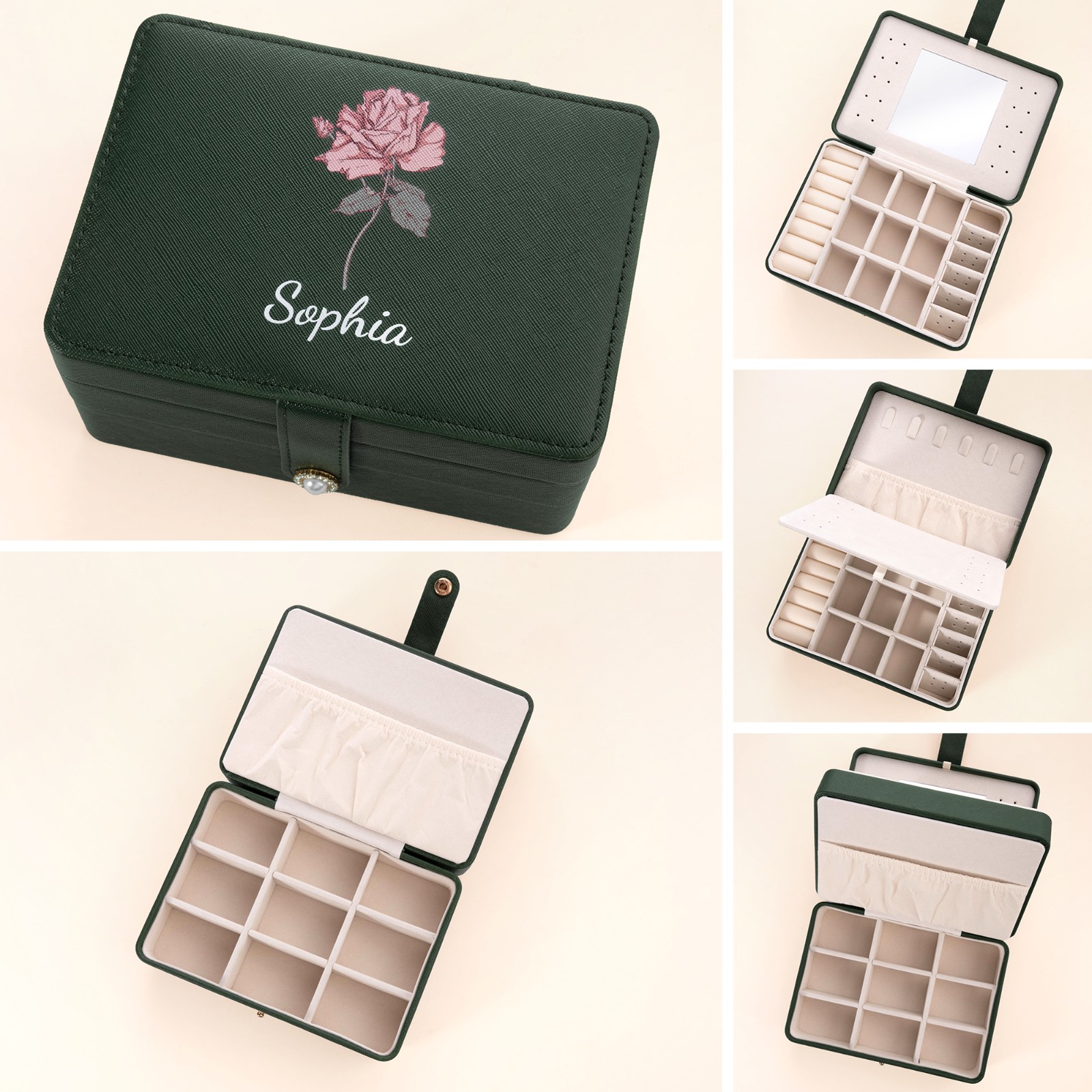 Custom Birth Flower & Name Travel Makeup Box, Multi-functional Makeup Mirror Box with LED Lights, Jewelry/Cosmetics Storage Box, Birthday Gift for Her