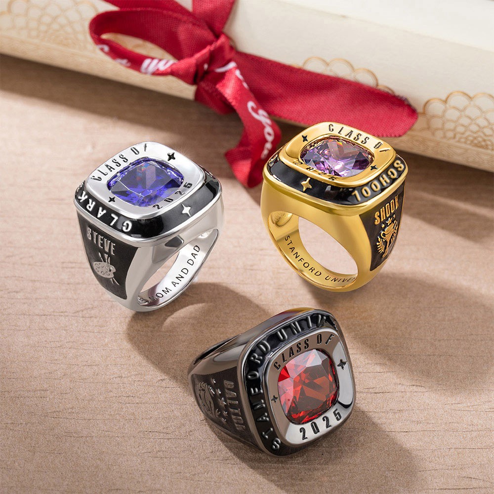 Custom Men Birthstone Class Ring with Engraved Text, High School, College & University Graduation Ring, Graduation Gift for Class of 2025 Graduates