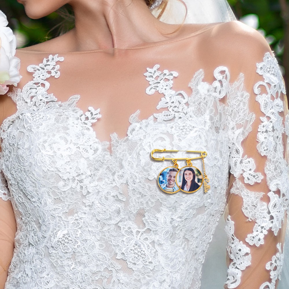 Personalized 1-5 Photos Lapel Brooch Pin with Name, Bridal Bouquet Charm, Memorial Pin, Engagement/Wedding Gift for Parents of the Bride or Groom