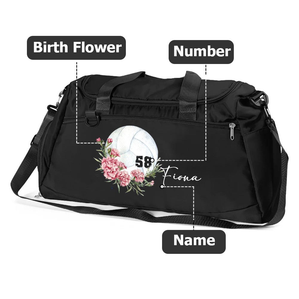 Custom Name & Birth Flower Volleyball Duffle Bag with Numbers, Waterproof Weekend Travel Bag, Christmas/Birthday Gift for Volleyball Player/Coach
