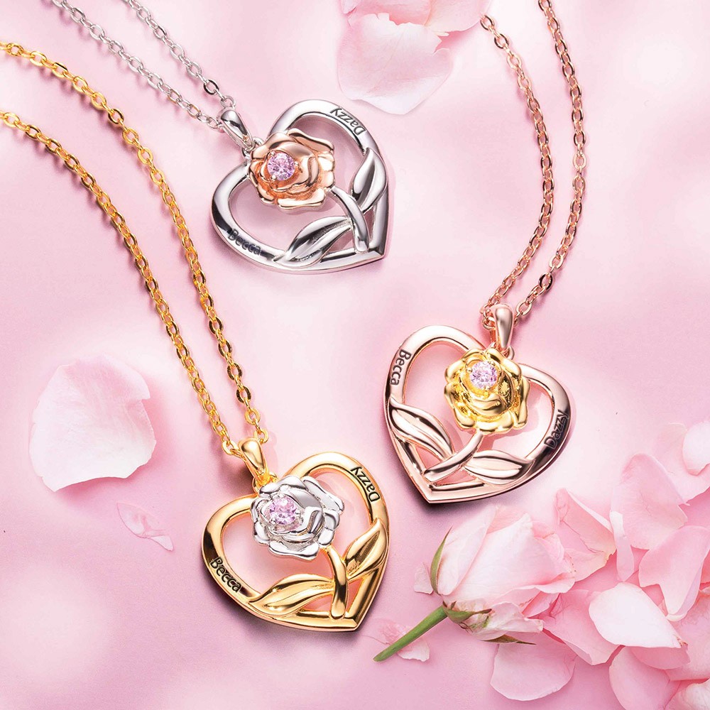 Personalized Rose Heart Necklace with Birthstone Sterling Silver