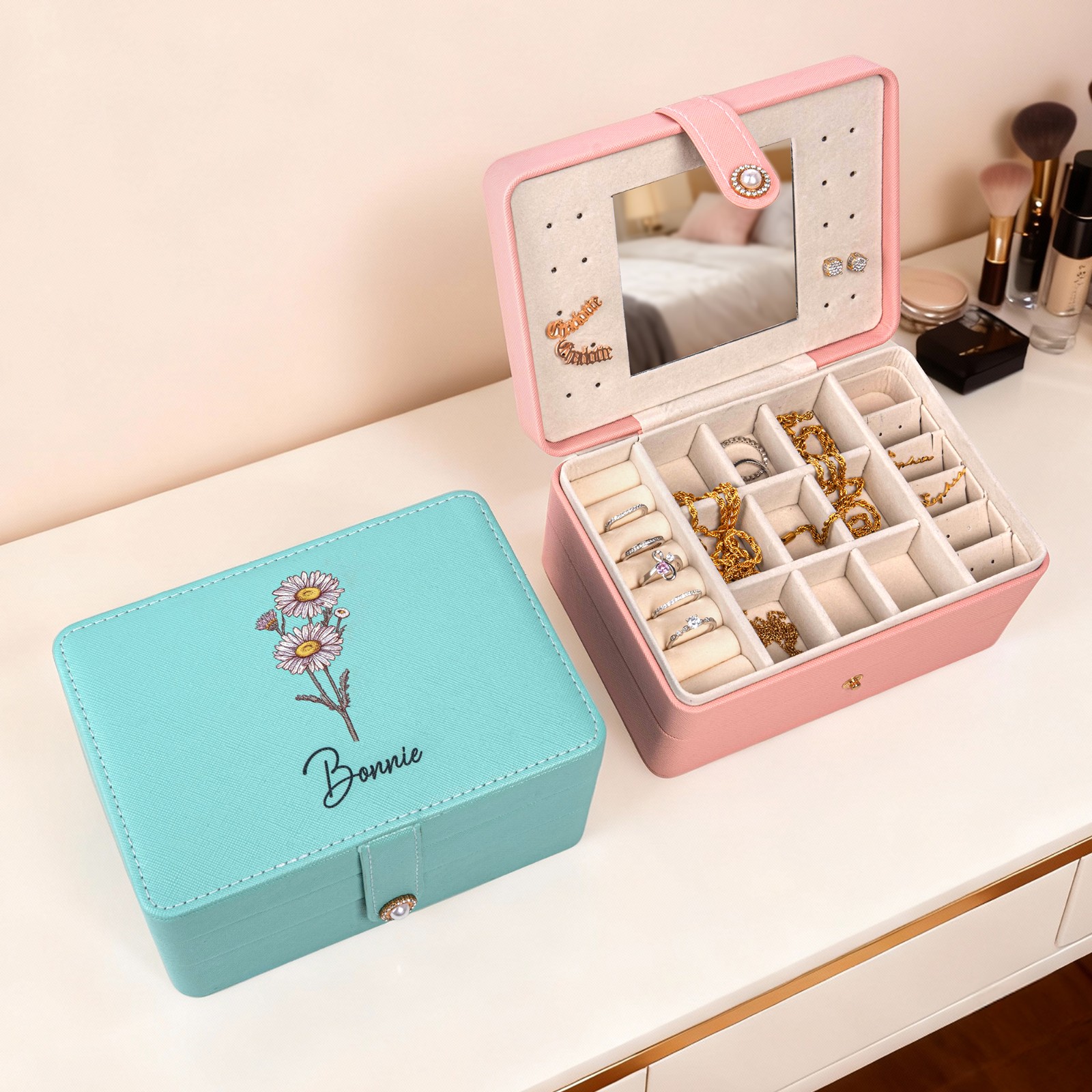 Custom Birth Flower & Name Travel Makeup Box, Multi-functional Makeup Mirror Box with LED Lights, Jewelry/Cosmetics Storage Box, Birthday Gift for Her