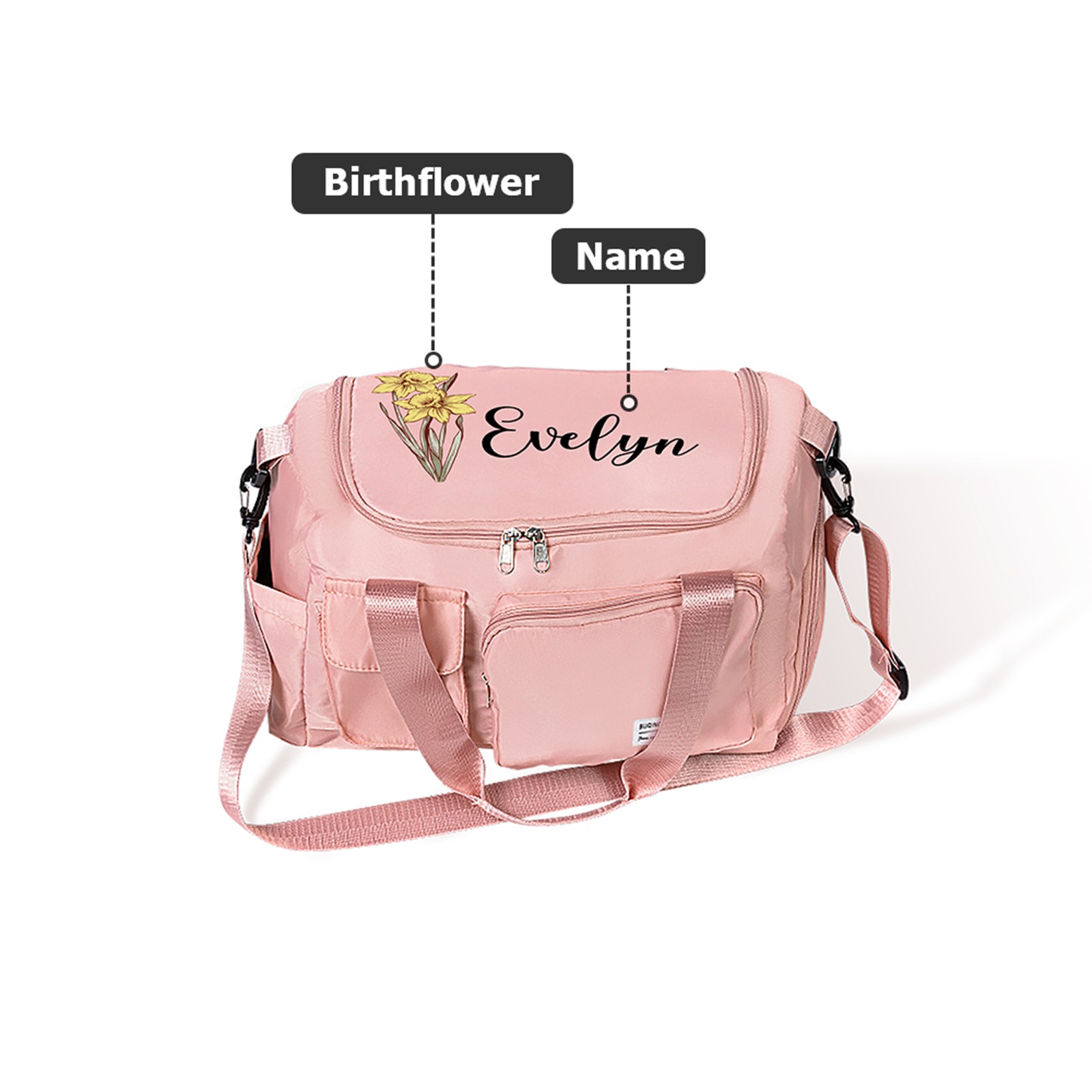 Custom Name Birth Flower Duffle Bag with Shoulder Strap, Waterproof Weekender Bag, Travel Overnight Bag, Birthday/Back to School Gift for Women/Girls