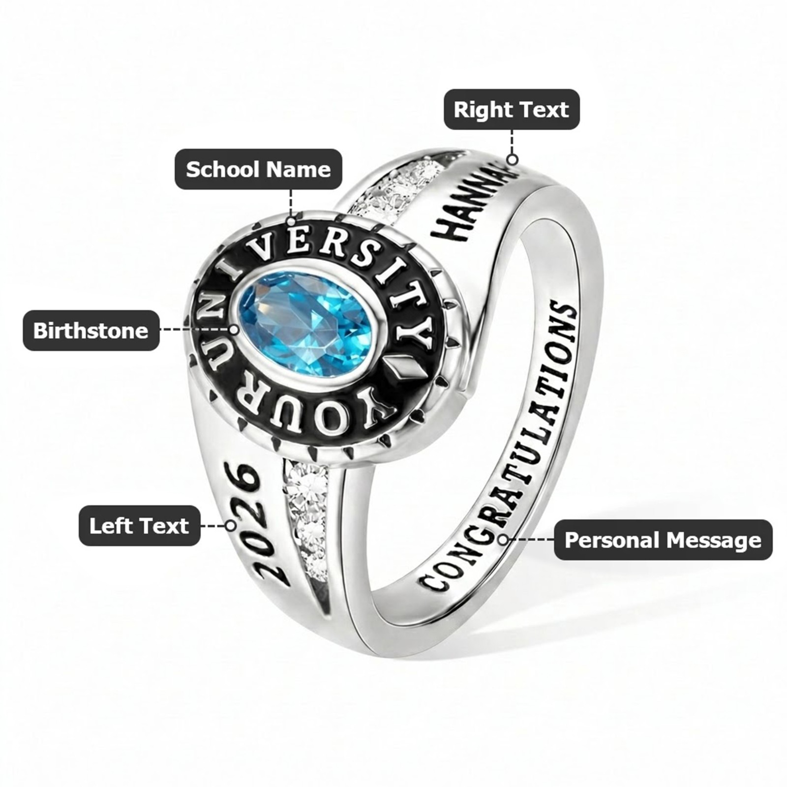 Custom Woman Birthstone School Class Ring with Engraved Text, High School University Graduation Ring, Graduation Gift for Class of 2026 Graduates