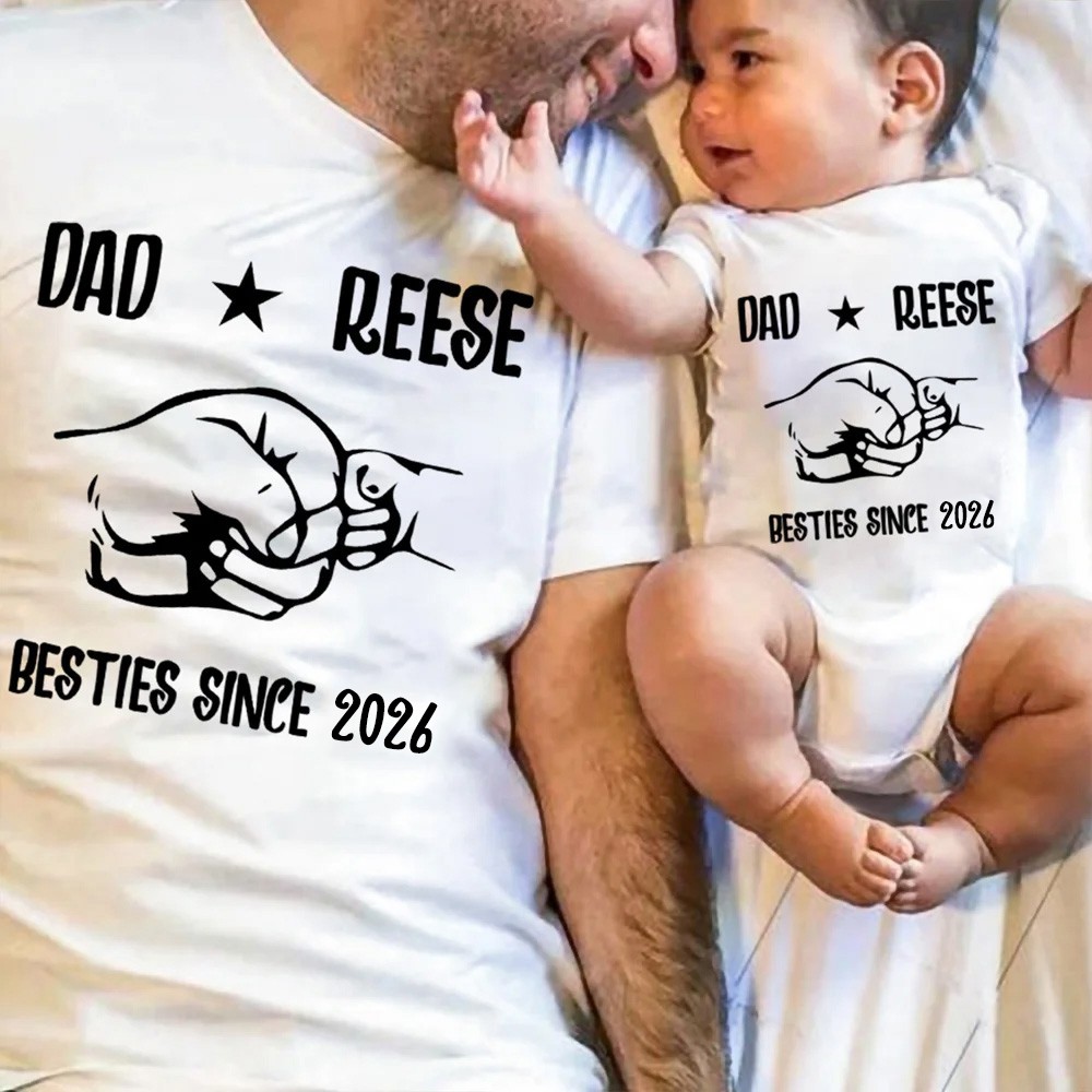 Customized Name Fist to Fist Parent-child Shirt, Dad & Baby Matching Shirt, Cotton Shirt/Baby Bodysuit, Our First Father's Day Shirt for Dad