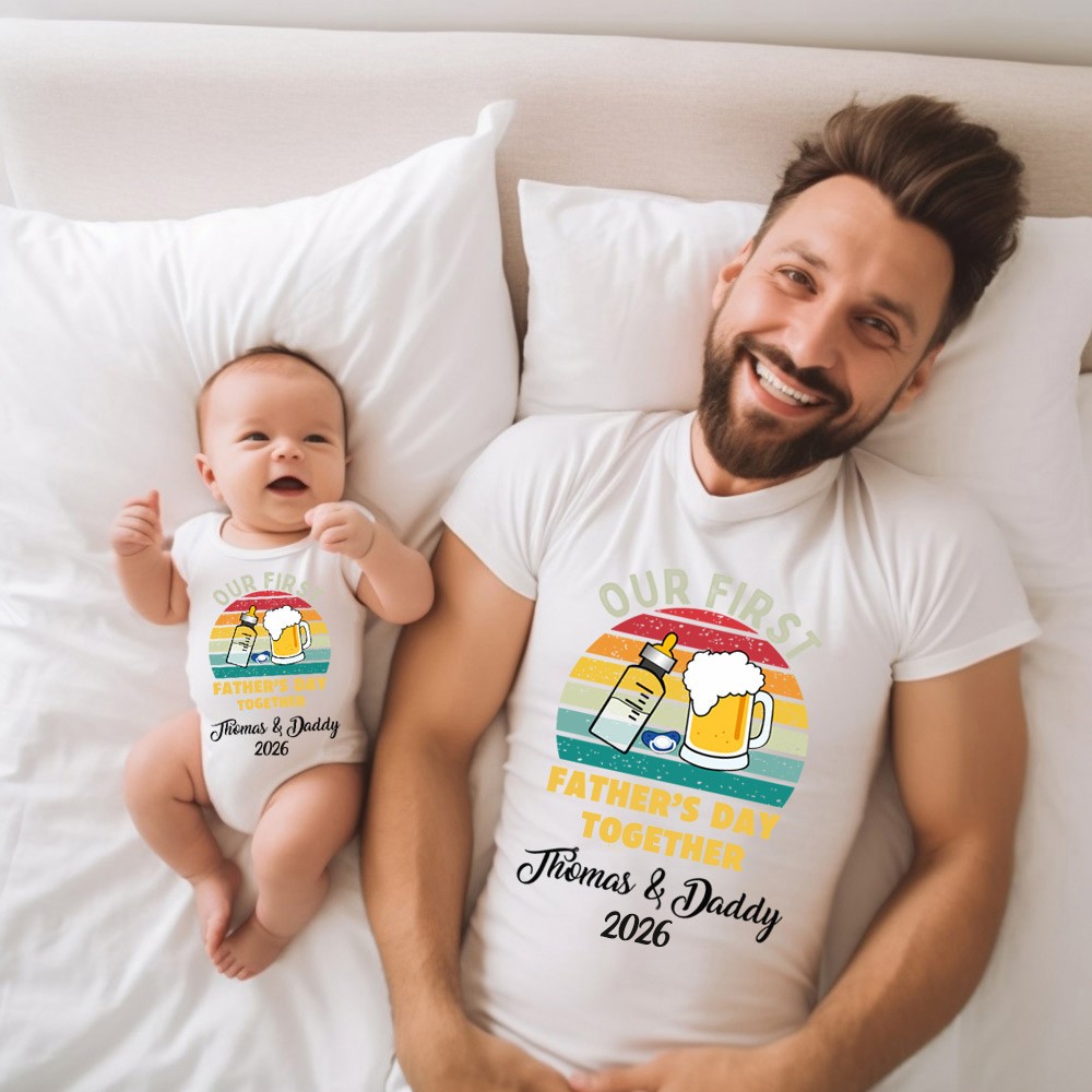 Personalized Beer & Bottle Matching Shirts, Our First Father's Day Together Shirt, Cotton T-shirts/Rompers, Family Shirts, Gifts for New Dads/Baby