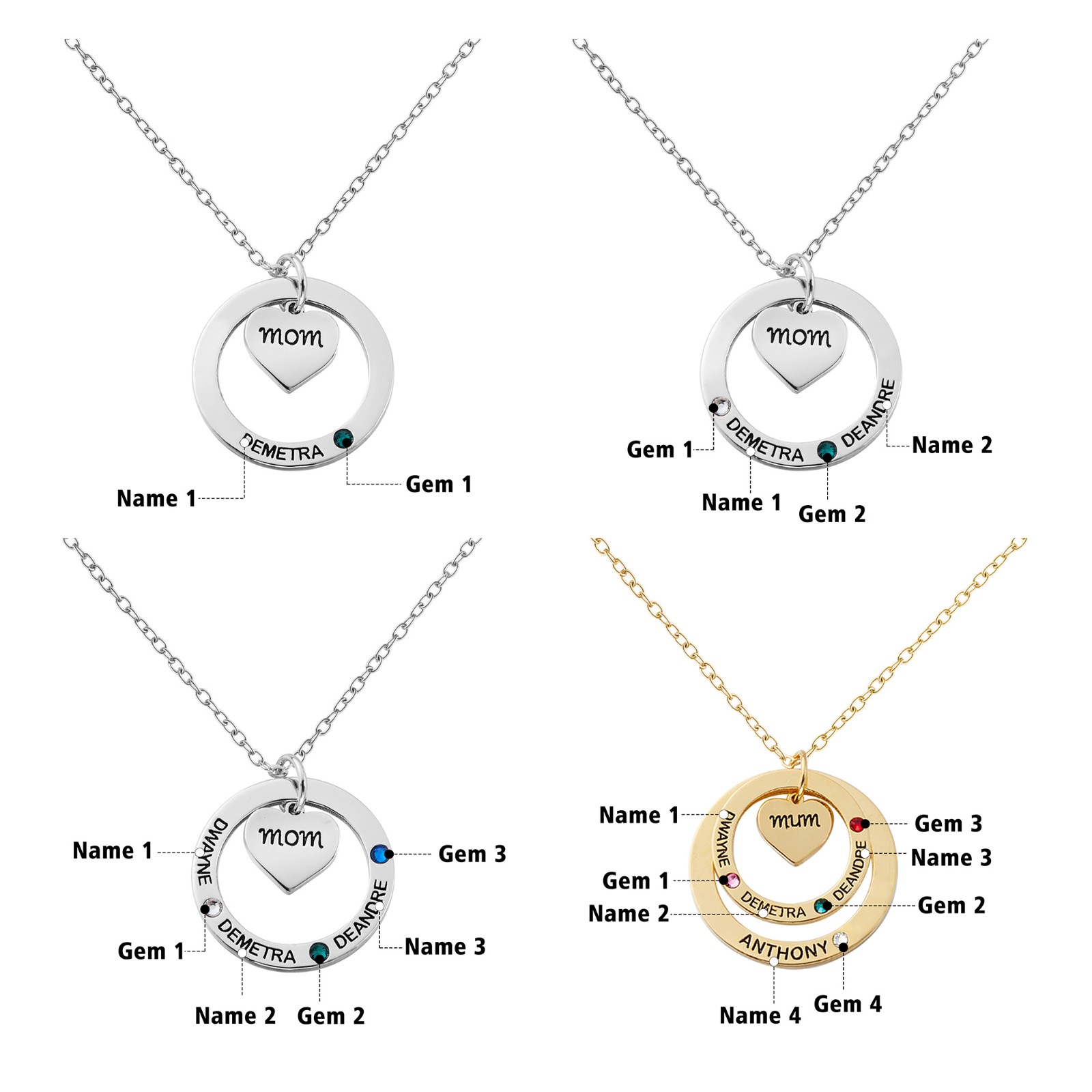 Birthstone Necklace with Heart & Ring Pendant, Necklace with Custom 1-7 Birthstones & Names, Jewelry for Grandma/Mother
