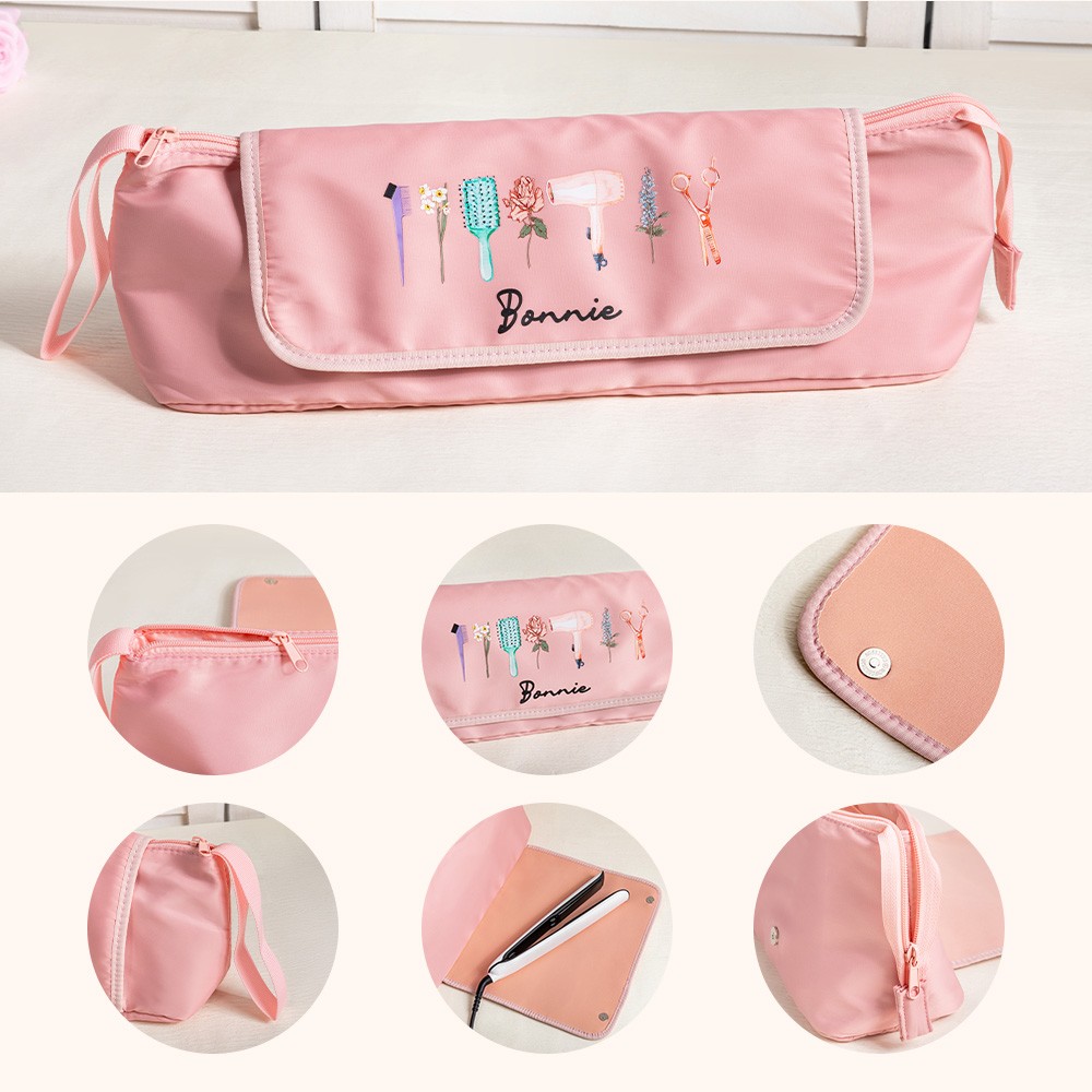 Custom Name & Birth Flowers Hair Tools Storage Bag, Straightener Curling Iron Travel Bag with Heat Resistant Mat, Haircare Accessories, Gift for Her