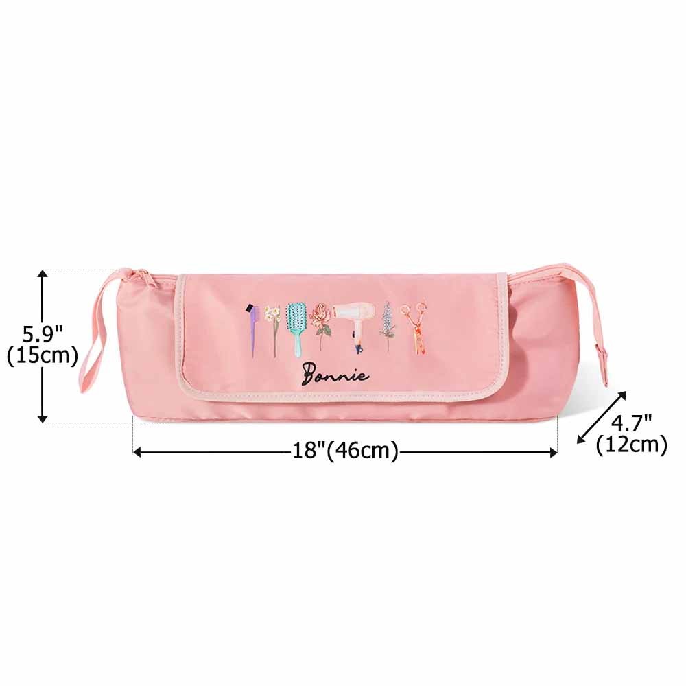 Custom Name & Birth Flowers Hair Tools Storage Bag, Straightener Curling Iron Travel Bag with Heat Resistant Mat, Haircare Accessories, Gift for Her