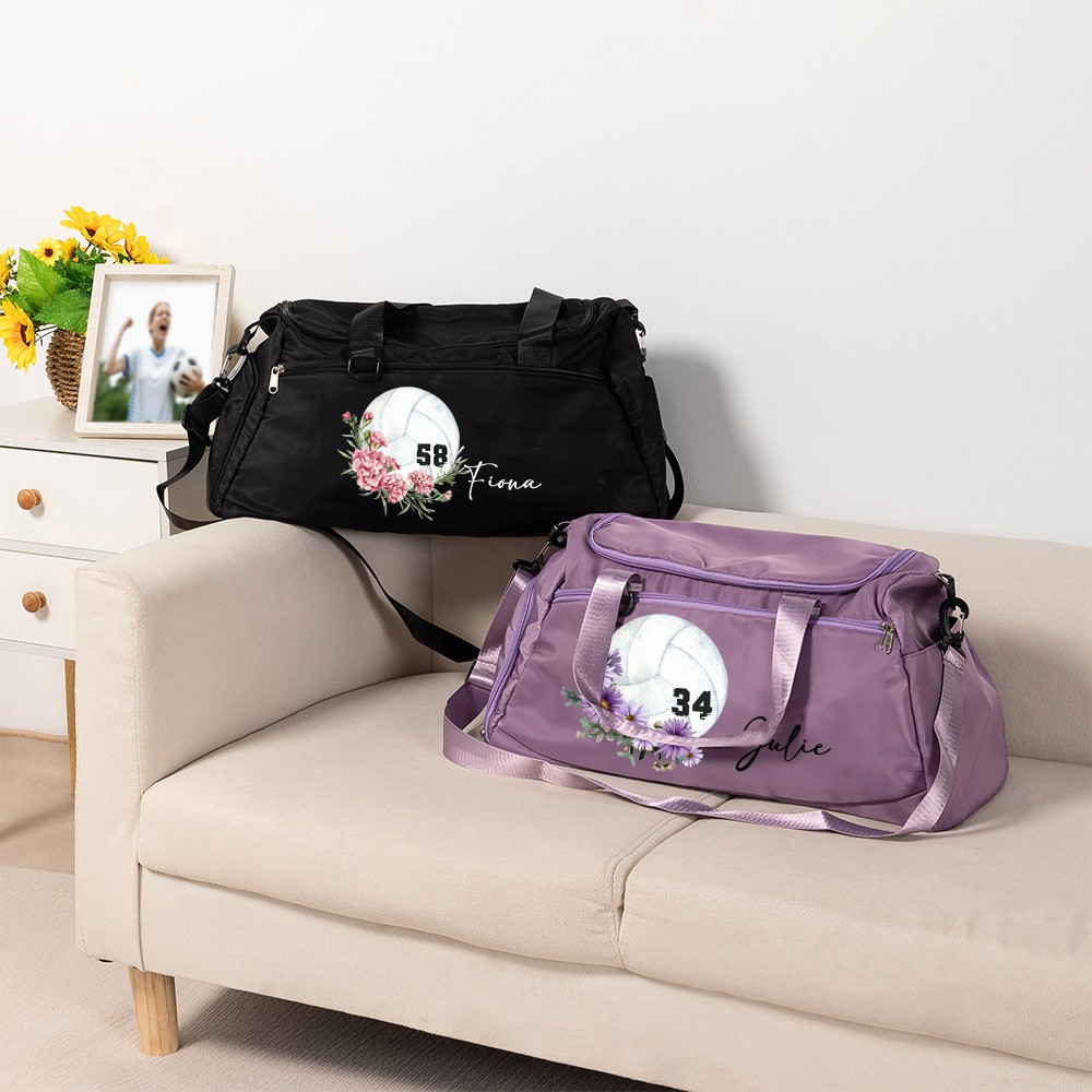 Custom Name & Birth Flower Volleyball Duffle Bag with Numbers, Waterproof Weekend Travel Bag, Christmas/Birthday Gift for Volleyball Player/Coach