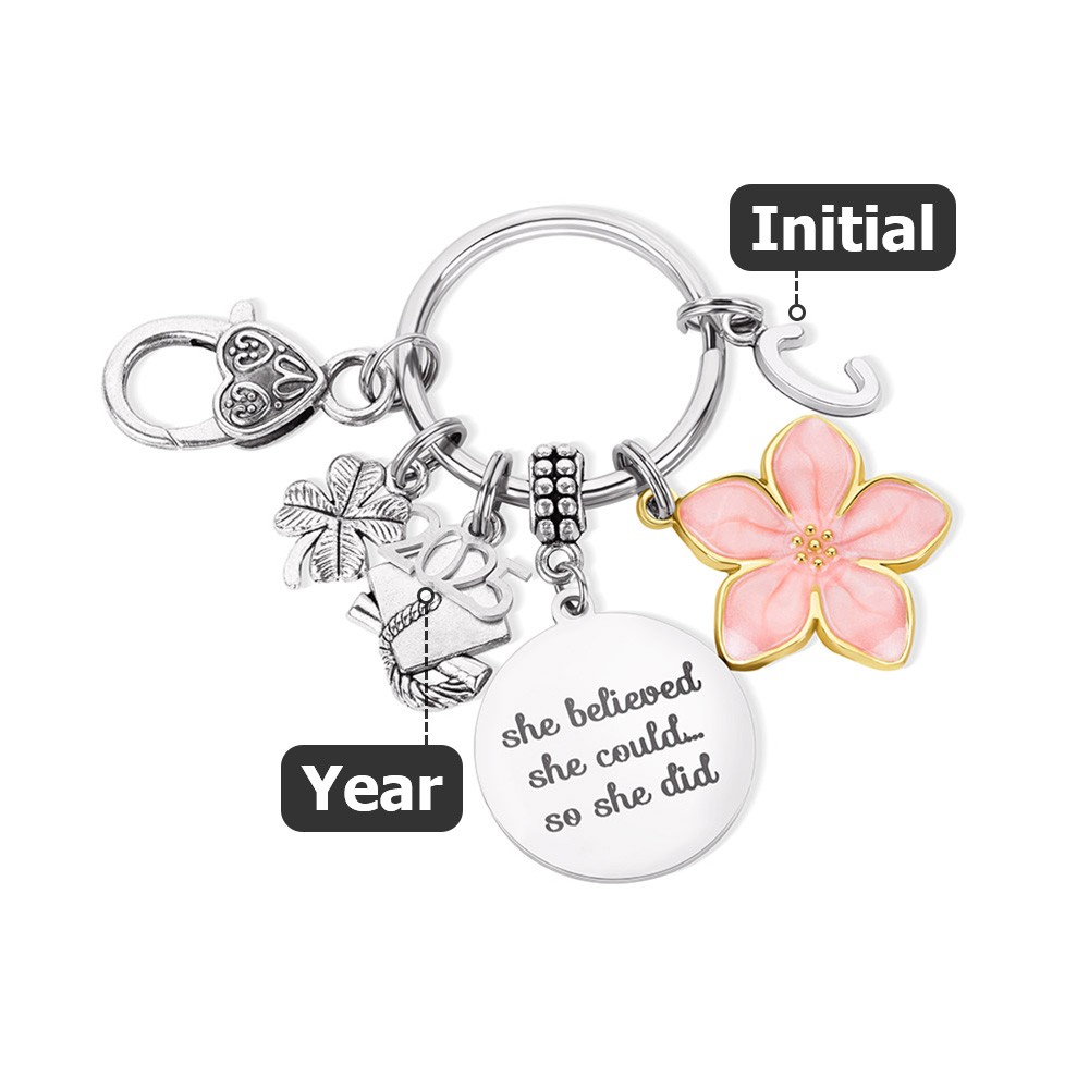 Personalized Pink Flower Four Leaf Clover Graduation Keychain, Custom Initial Keychain with Card, Graduation Gift for Daughter/Sister/Graduate