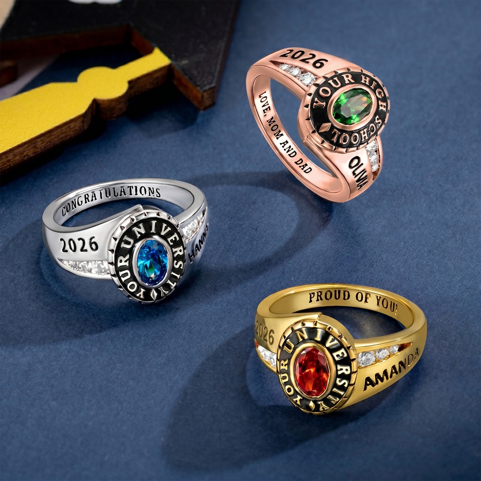 Custom Woman Birthstone School Class Ring with Engraved Text, High School University Graduation Ring, Graduation Gift for Class of 2026 Graduates