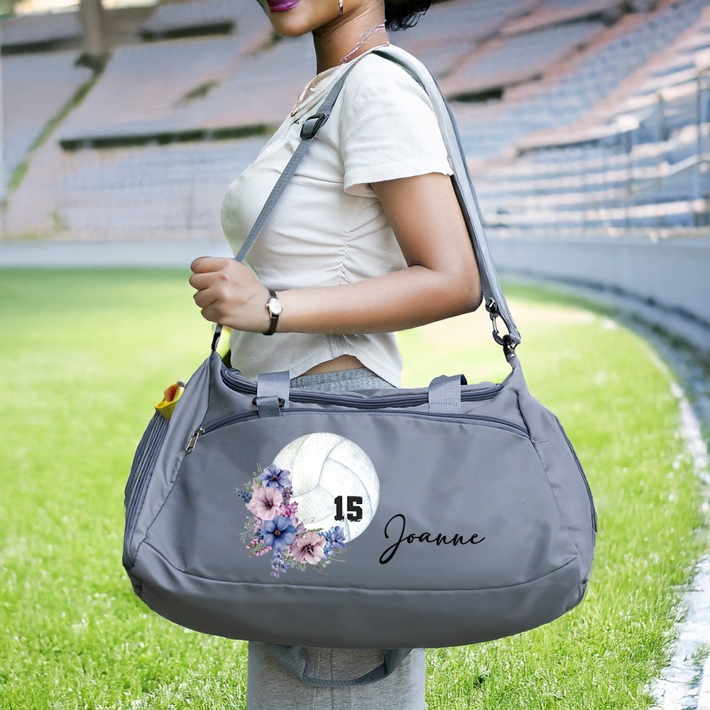 Custom Name & Birth Flower Volleyball Duffle Bag with Numbers, Waterproof Weekend Travel Bag, Christmas/Birthday Gift for Volleyball Player/Coach