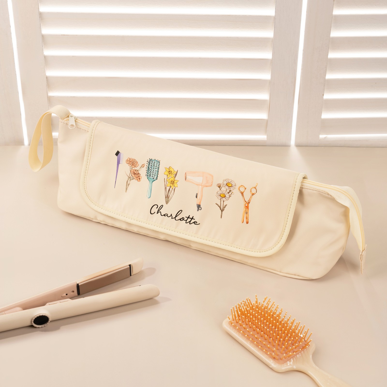 Custom Name & Birth Flowers Hair Tools Storage Bag, Straightener Curling Iron Travel Bag with Heat Resistant Mat, Haircare Accessories, Gift for Her