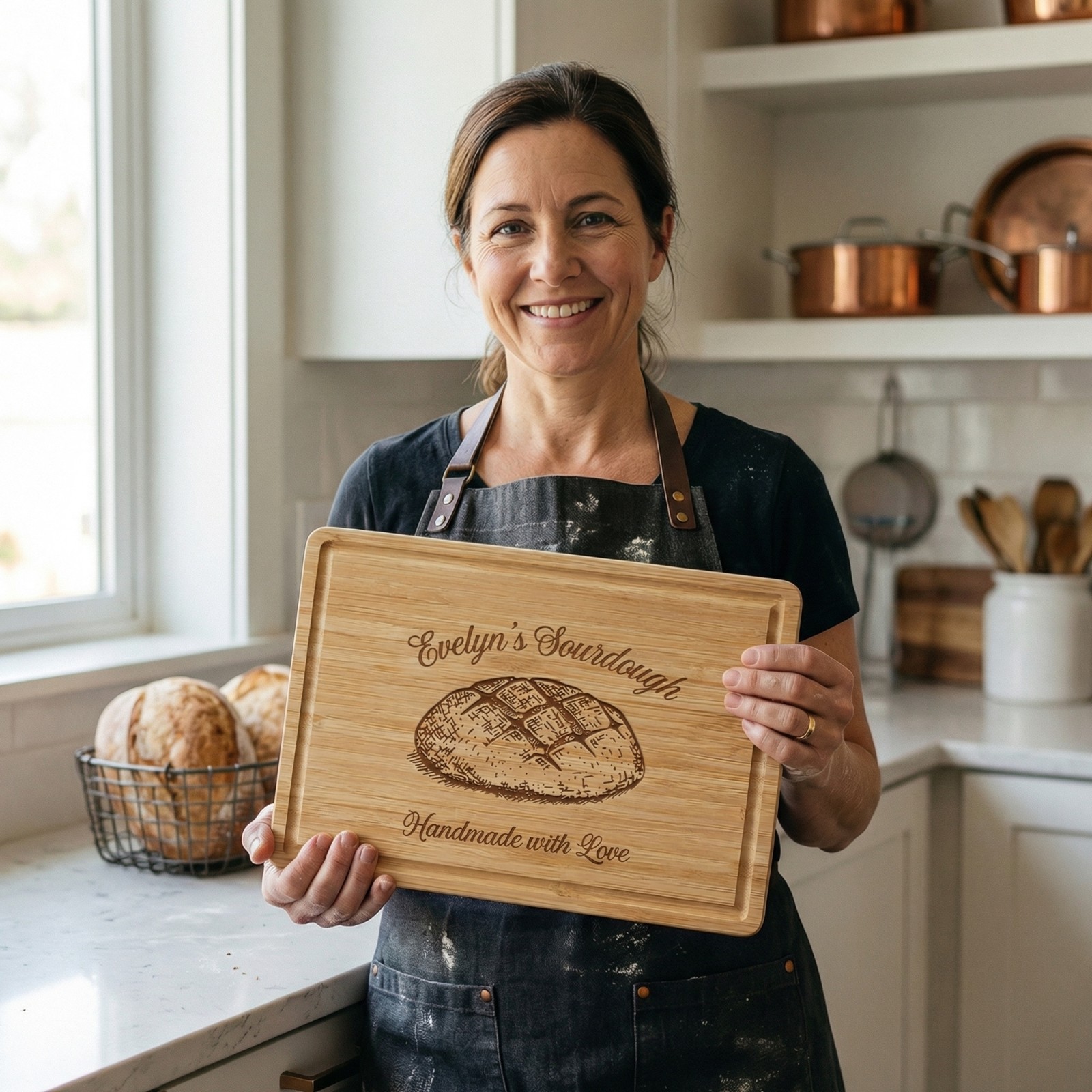 Personalized Name Sourdough Cutting Board, Custom Engraved Bamboo Charcuterie Board, Kitchen Accessory, Housewarming Gift for Bakers/Hostess