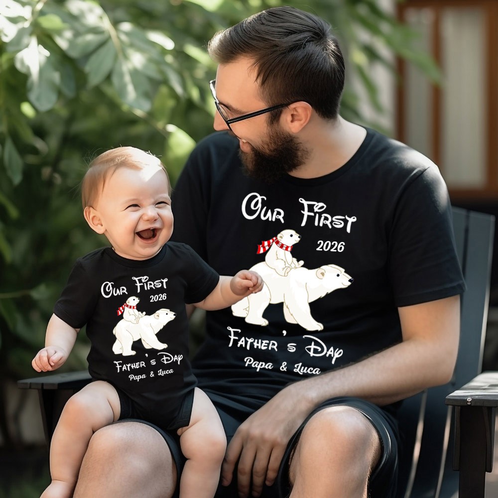Custom Polar BearT-Shirt&Baby Rompers, Our First Father's Day Shirt, Family Gift, Cotton Matching Shirt, Father's Day Gift, Gift for Dad/Baby