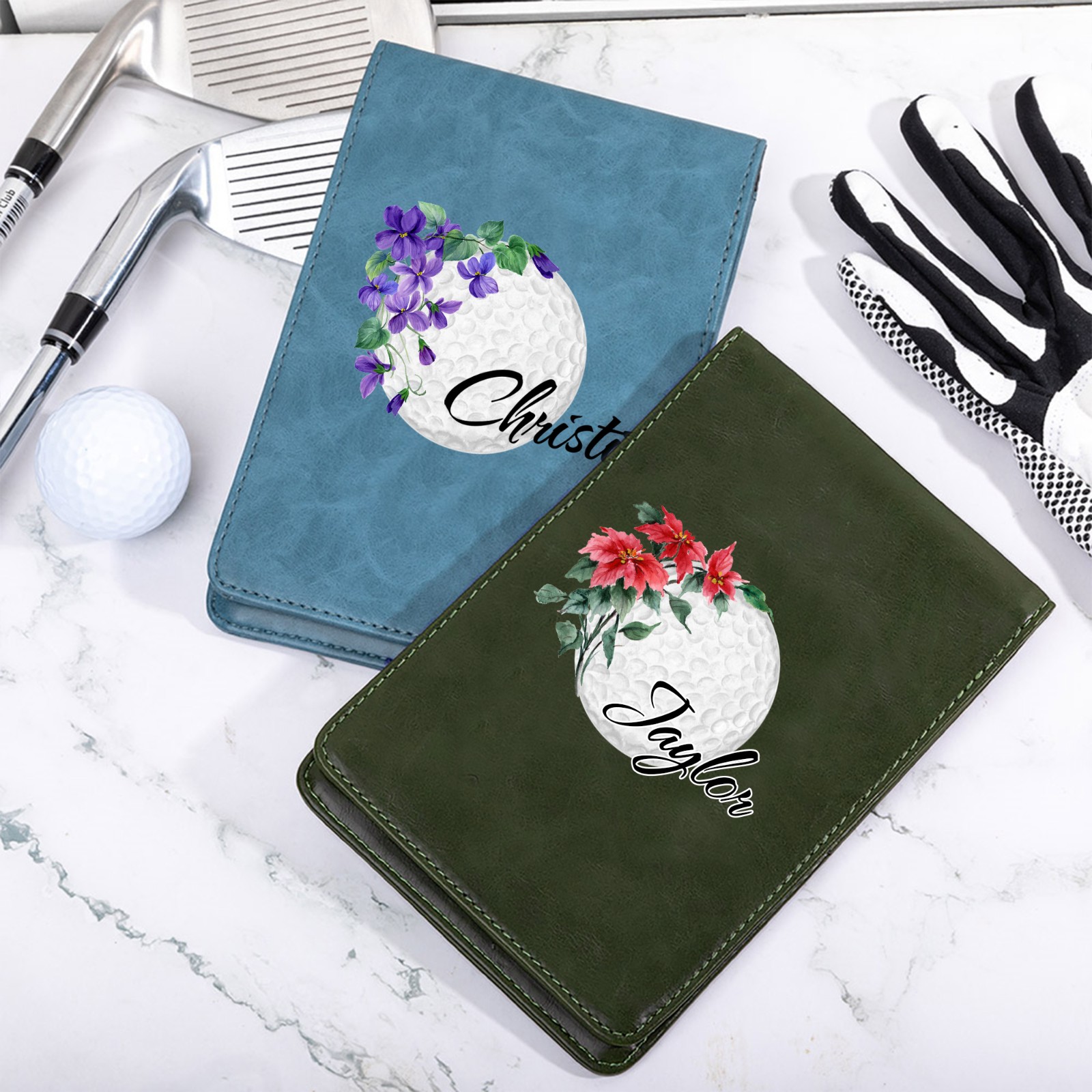 Personalized Birth Flower Golf Scorecard Holder, Custom Name Leather Golf Yardage Book Cover, Golf Accessories, Gift for Mom/Women/Golf Lover