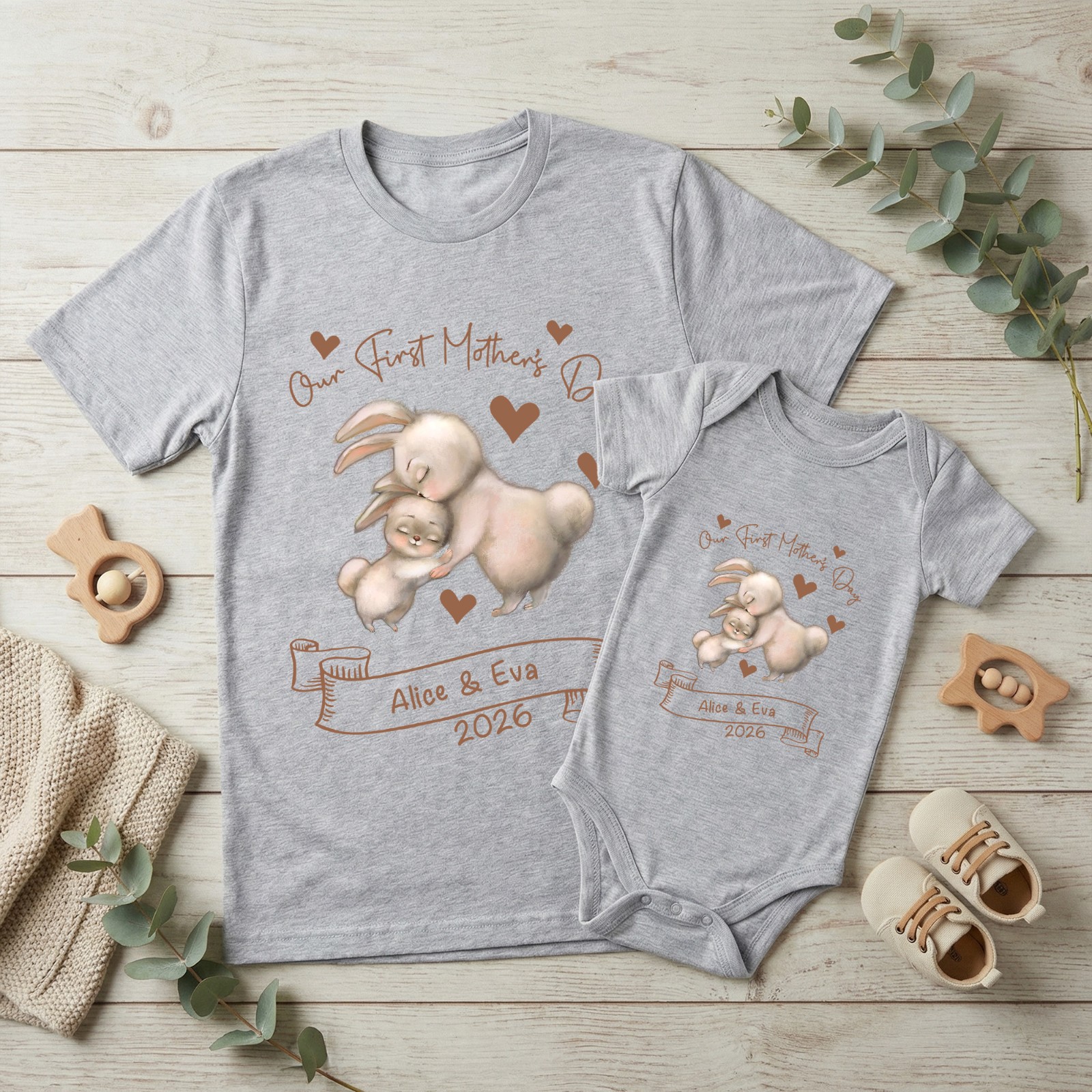 Our First Mother's day Mom and Baby Set, Customized Animals/Pattern Babysuit&Mommy T-shirt, Personalized T-shirt & BabyRomper, New Mom Gift