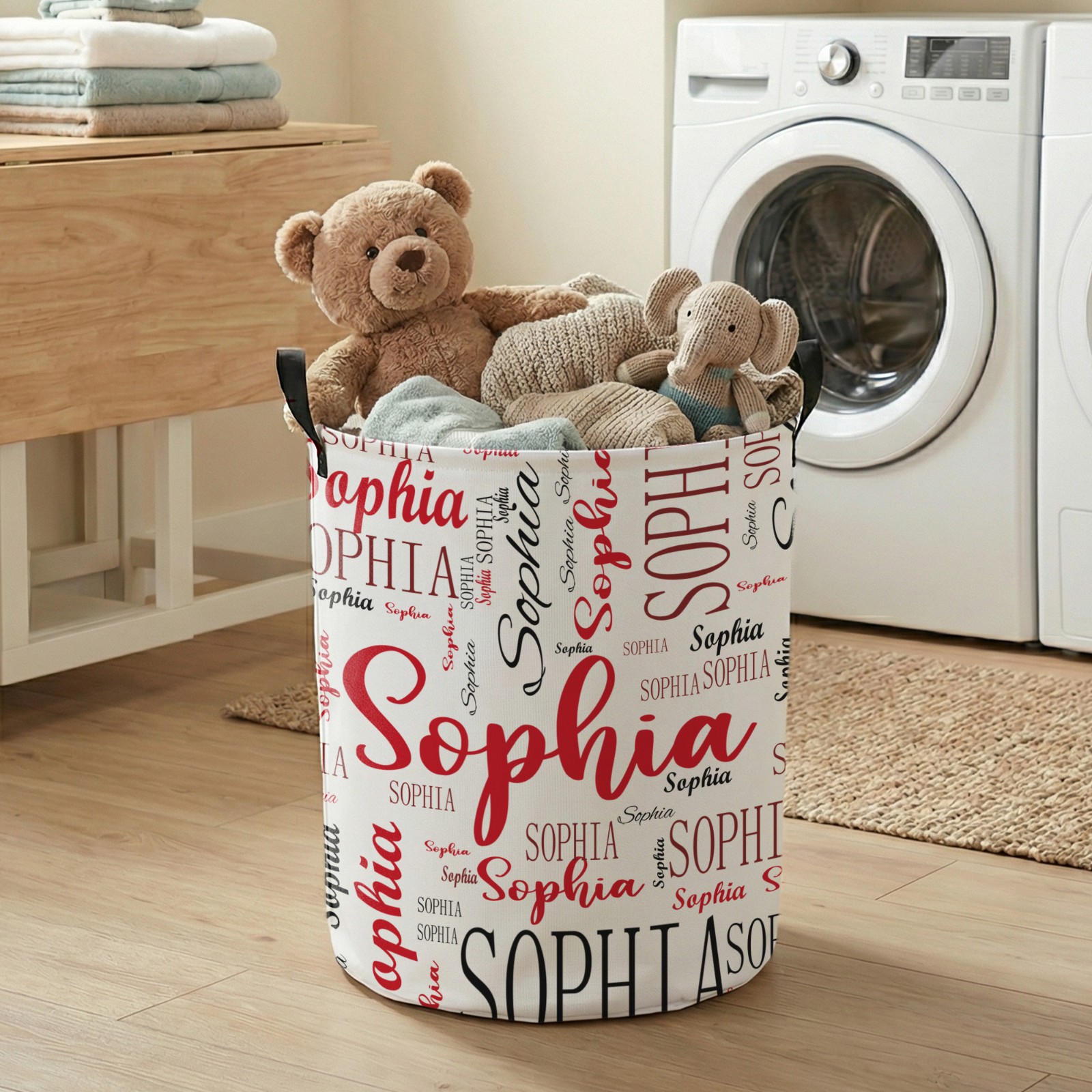 Custom Name Word Cloud Collapsible Storage Basket with Handle, Large Capacity Laundry Basket for Bathroom/Nursery/Living Room, Gift for Kids/Family