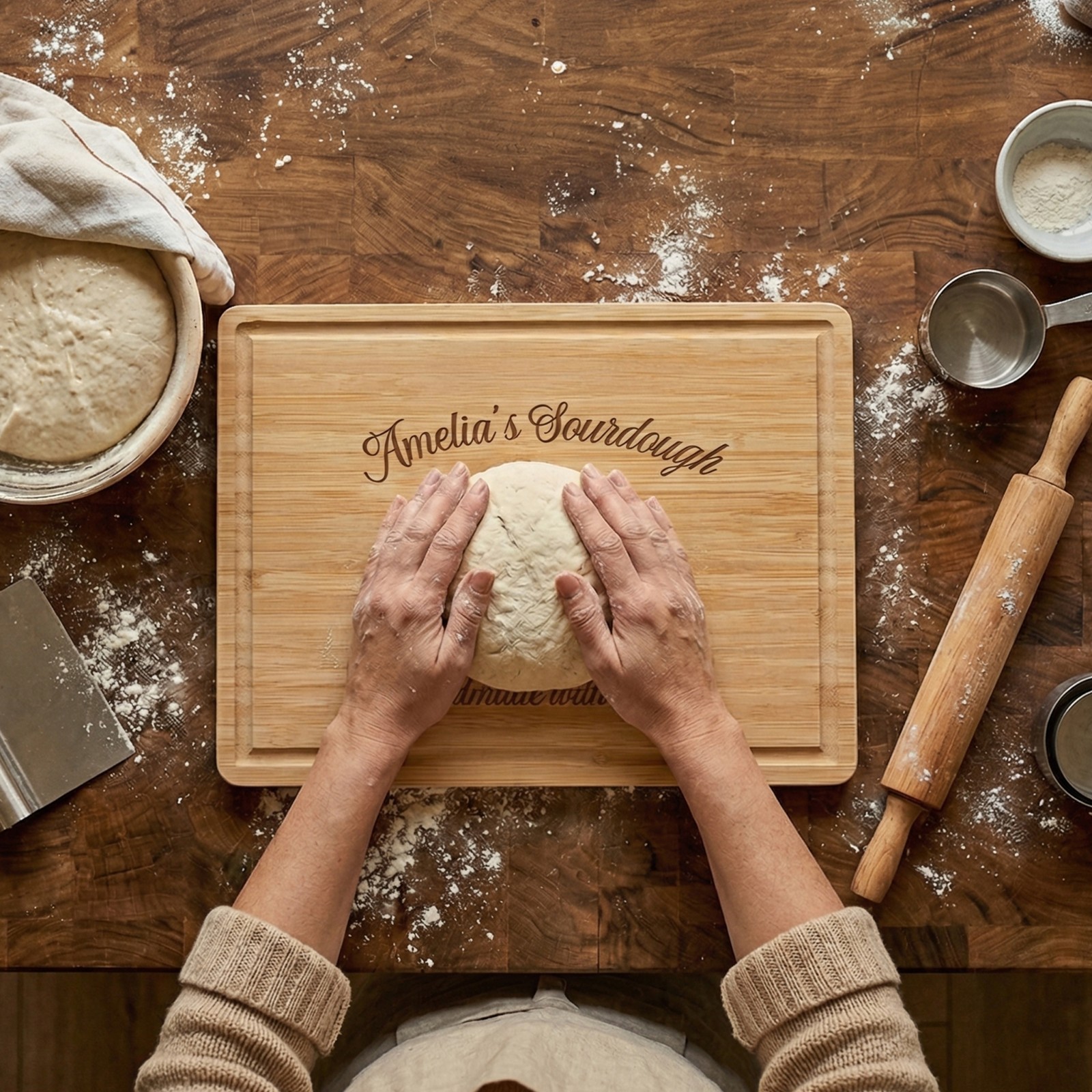 Personalized Name Sourdough Cutting Board, Custom Engraved Bamboo Charcuterie Board, Kitchen Accessory, Housewarming Gift for Bakers/Hostess