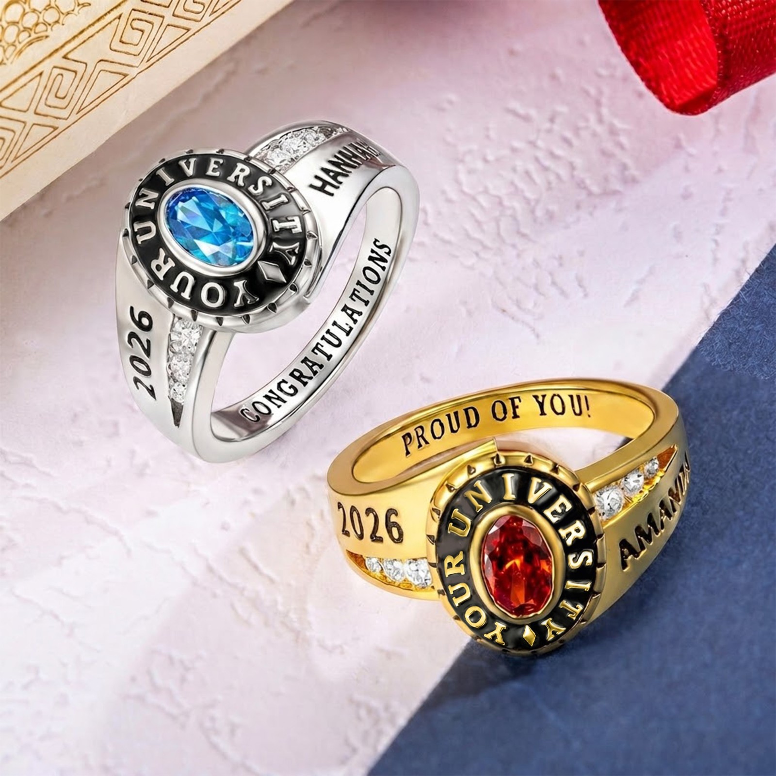 Custom Woman Birthstone School Class Ring with Engraved Text, High School University Graduation Ring, Graduation Gift for Class of 2026 Graduates