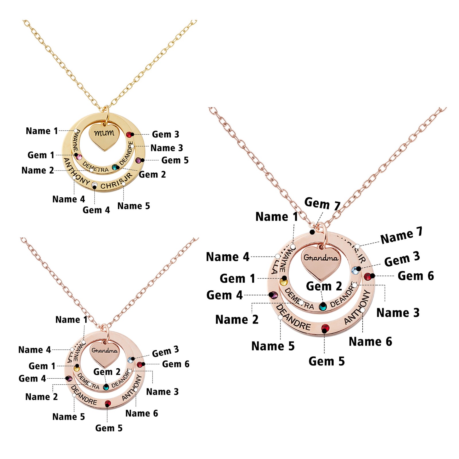 Birthstone Necklace with Heart & Ring Pendant, Necklace with Custom 1-7 Birthstones & Names, Jewelry for Grandma/Mother
