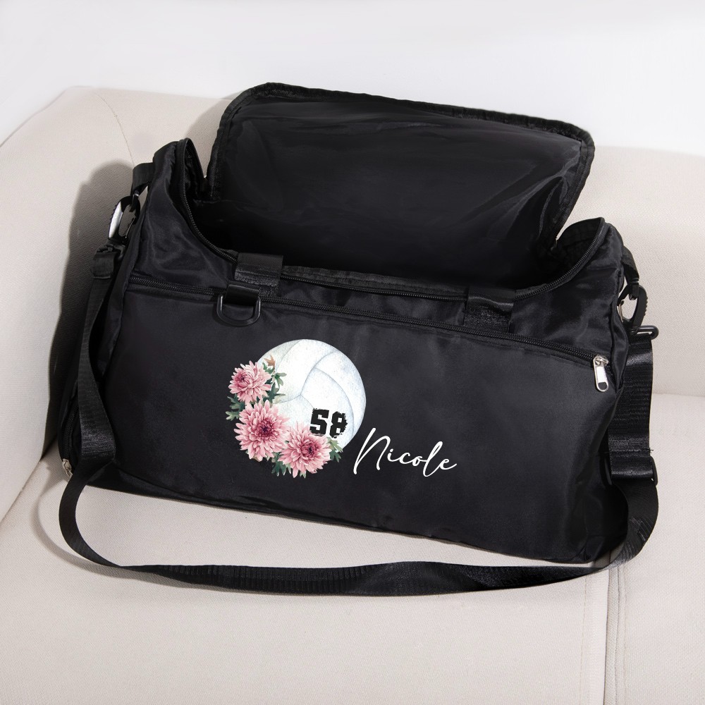 Custom Name & Birth Flower Volleyball Duffle Bag with Numbers, Waterproof Weekend Travel Bag, Christmas/Birthday Gift for Volleyball Player/Coach