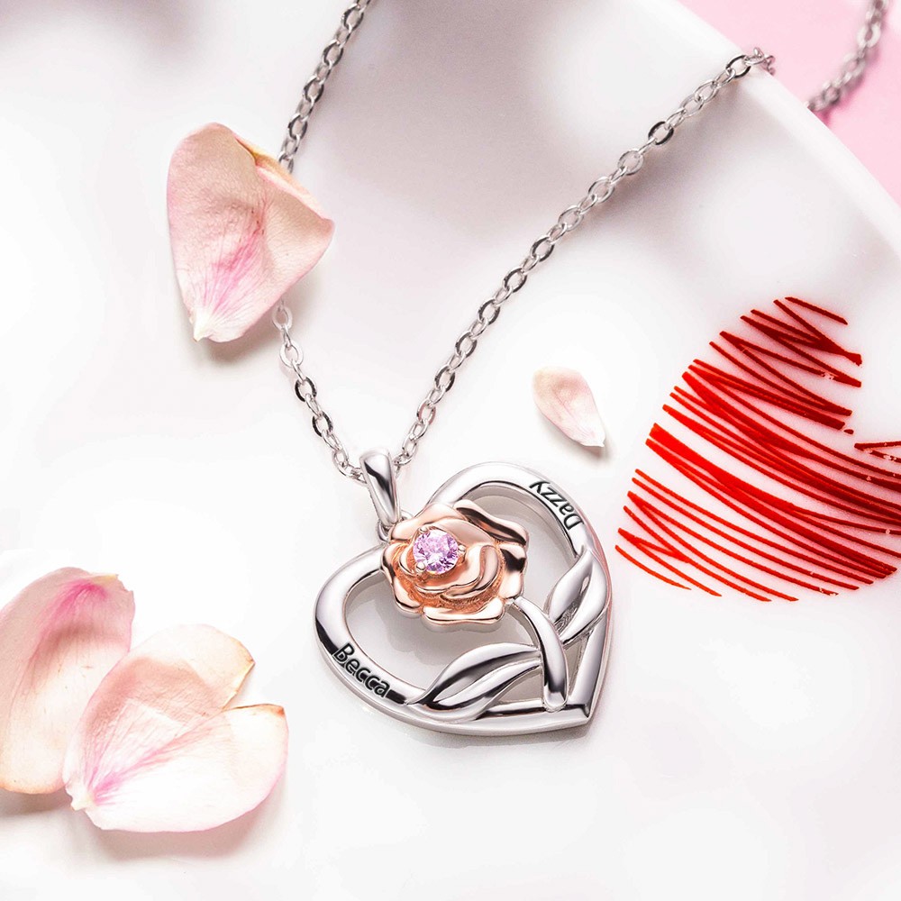 Personalized Rose Heart Necklace with Birthstone Sterling Silver