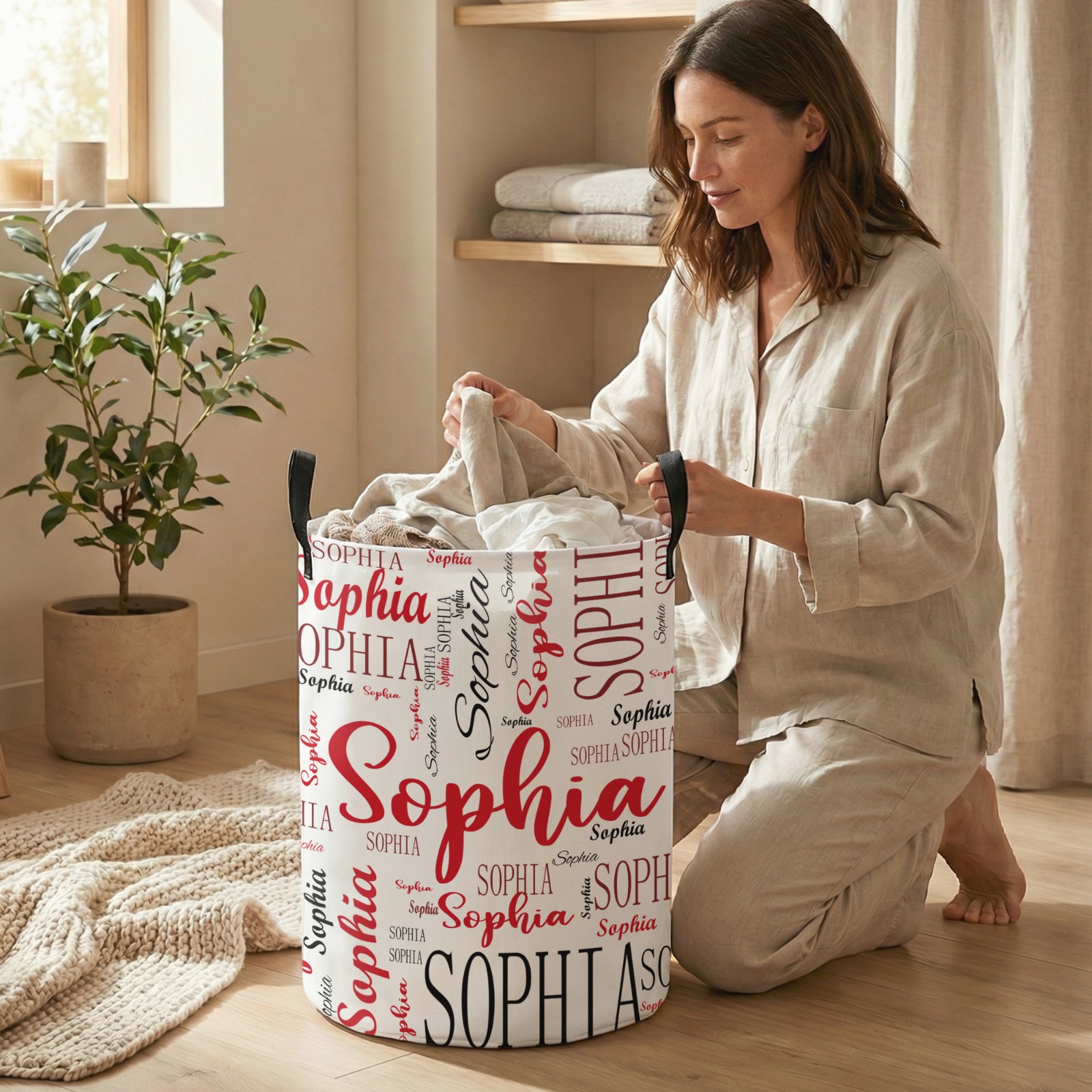 Custom Name Word Cloud Collapsible Storage Basket with Handle, Large Capacity Laundry Basket for Bathroom/Nursery/Living Room, Gift for Kids/Family