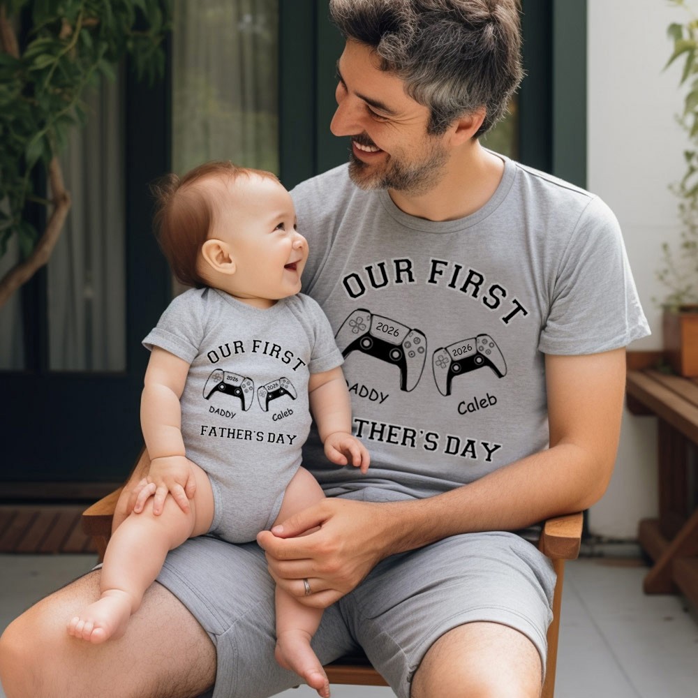 Customized Name Game Console Parent-child Shirt, Dad & Baby Matching Gaming Shirt, Cotton T-shirts/Rompers, Father's Day Gift for New Dads/Babys
