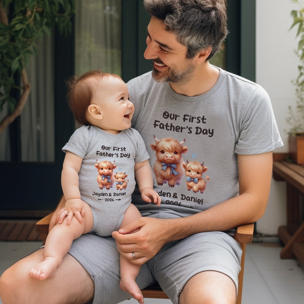 Custom Name Our First Father's Day Parent-Child Matching Shirts, Animal Papa & Kid Design Dad T-Shirt & Baby Bodysuit Set, Gift for Newborns/New Dad