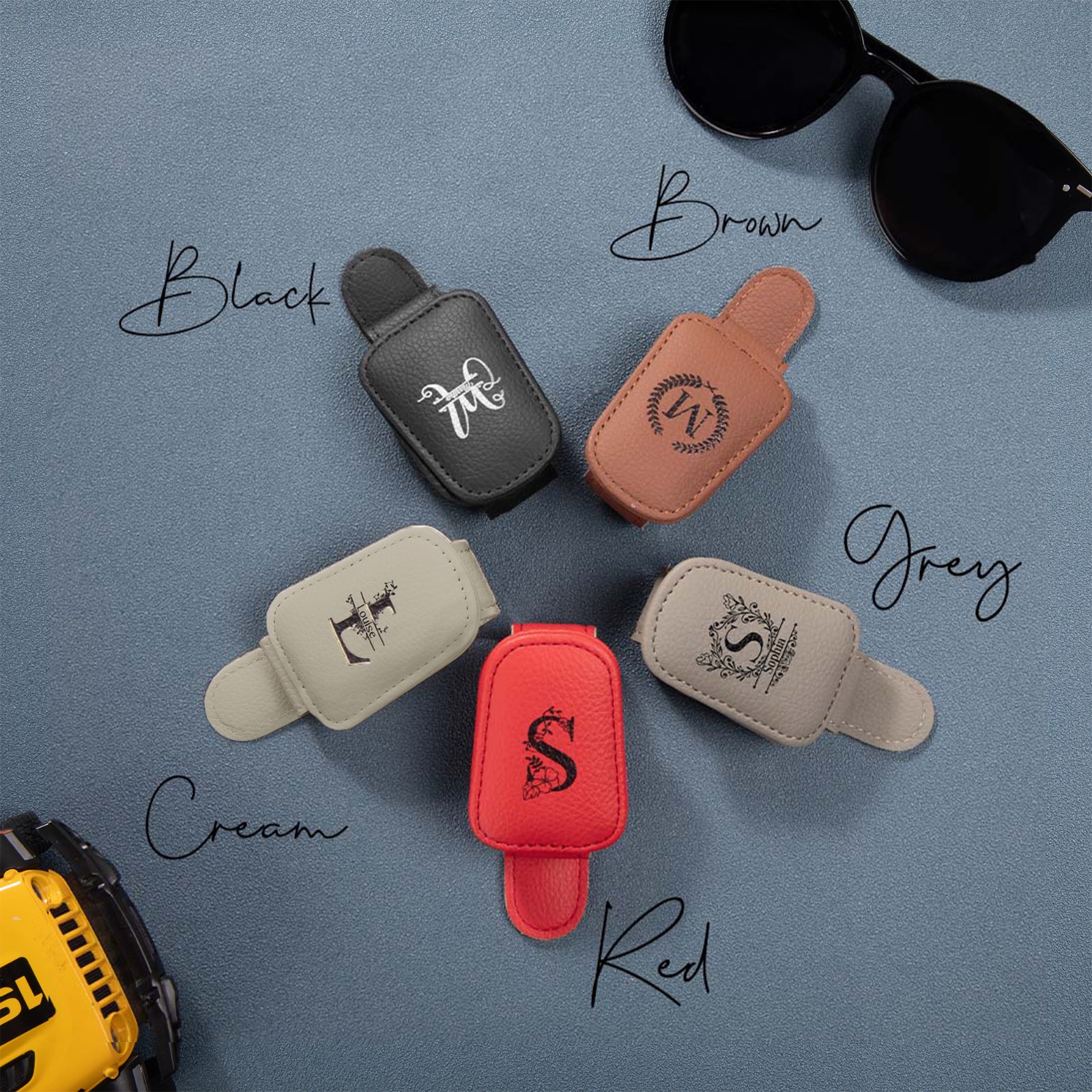 Personalized Initial & Name Car Sunglasses Holder, Multicolor Sun Visor Leather Magnetic Clip for Sunglasses, Birthday/Vacation Gift for Her/Him