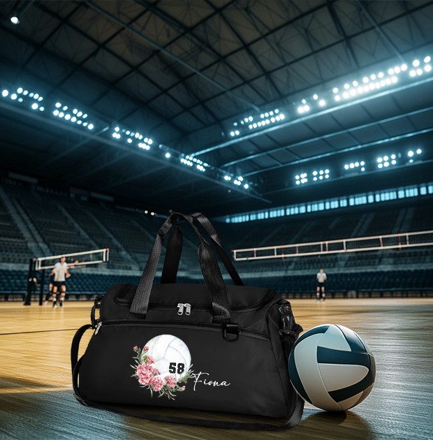 Custom Name & Birth Flower Volleyball Duffle Bag with Numbers, Waterproof Weekend Travel Bag, Christmas/Birthday Gift for Volleyball Player/Coach