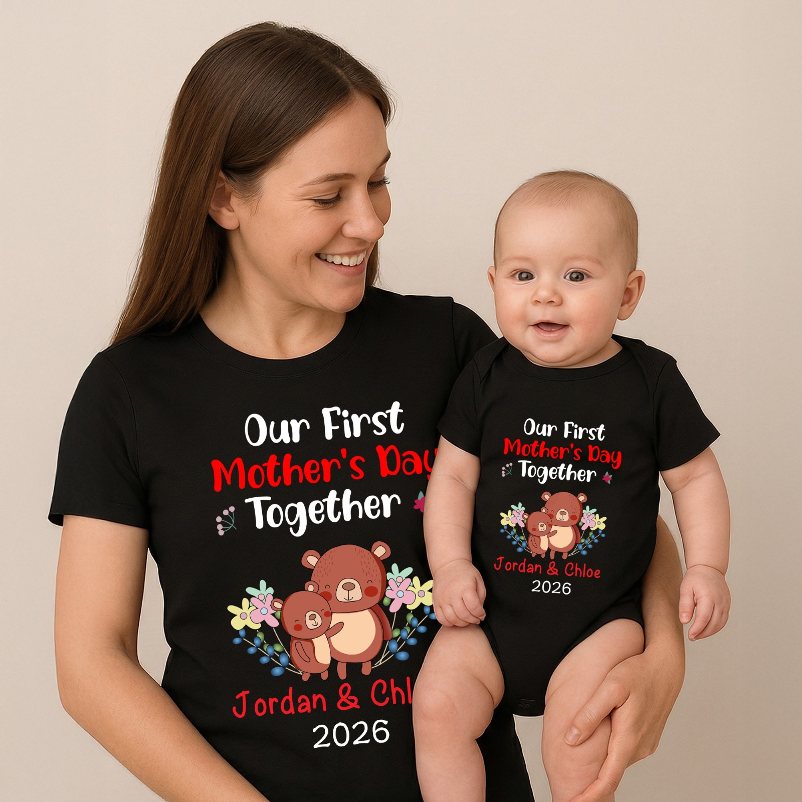 Our First Mother's day Mom and Baby Set, Customized Animals/Pattern Babysuit&Mommy T-shirt, Personalized T-shirt & BabyRomper, New Mom Gift