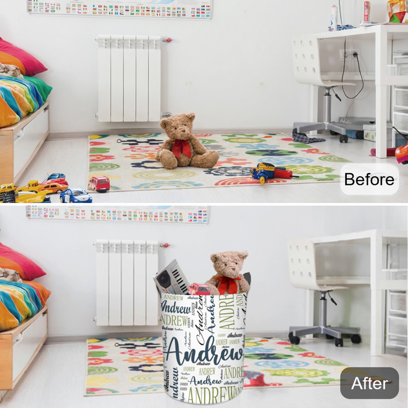 Custom Name Word Cloud Collapsible Storage Basket with Handle, Large Capacity Laundry Basket for Bathroom/Nursery/Living Room, Gift for Kids/Family